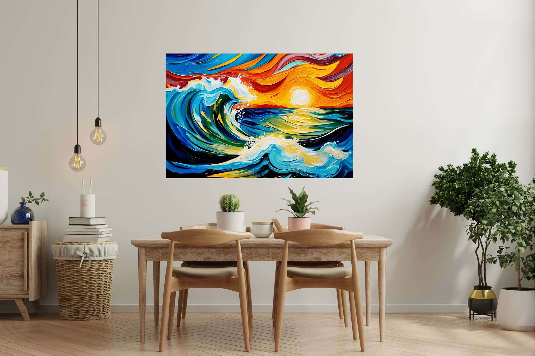 Sunset surge majesty: Ocean wave art with aqua-inspired art, in a room with modern style, framed art, and home styling items. The art can be printed on poster, framed poster, canvas, metal, acrylic or wood, exclusively at WallArtZen. Find this exact print at https://wallartzen.com/waz73