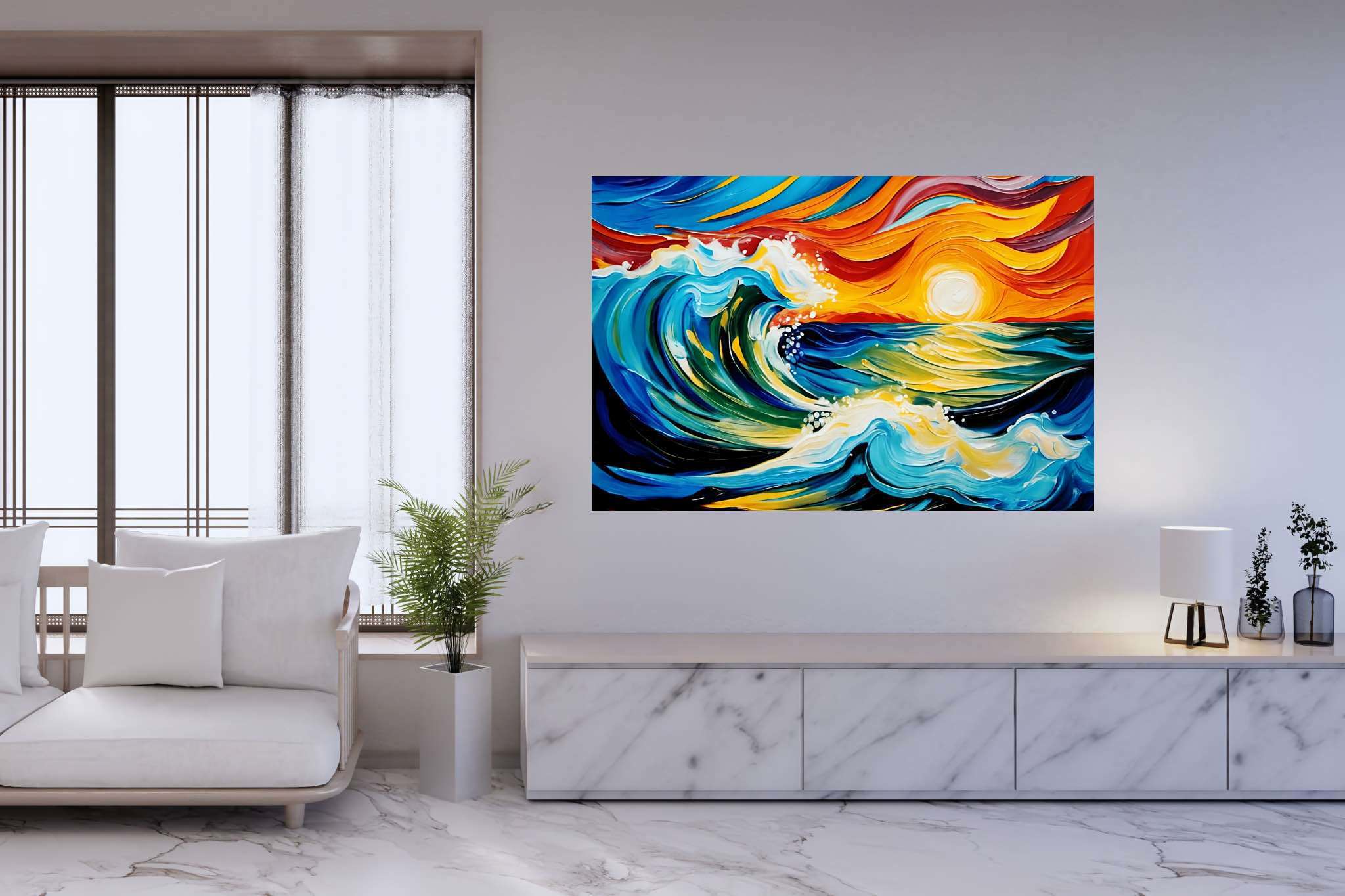 Sunset surge majesty: Ocean wave art with coastal vibes, in a room with urban design, bespoke art designs, and artisan decor. The art can be printed on poster, framed poster, canvas, metal, acrylic or wood, exclusively at WallArtZen. Find this exact print at https://wallartzen.com/waz73