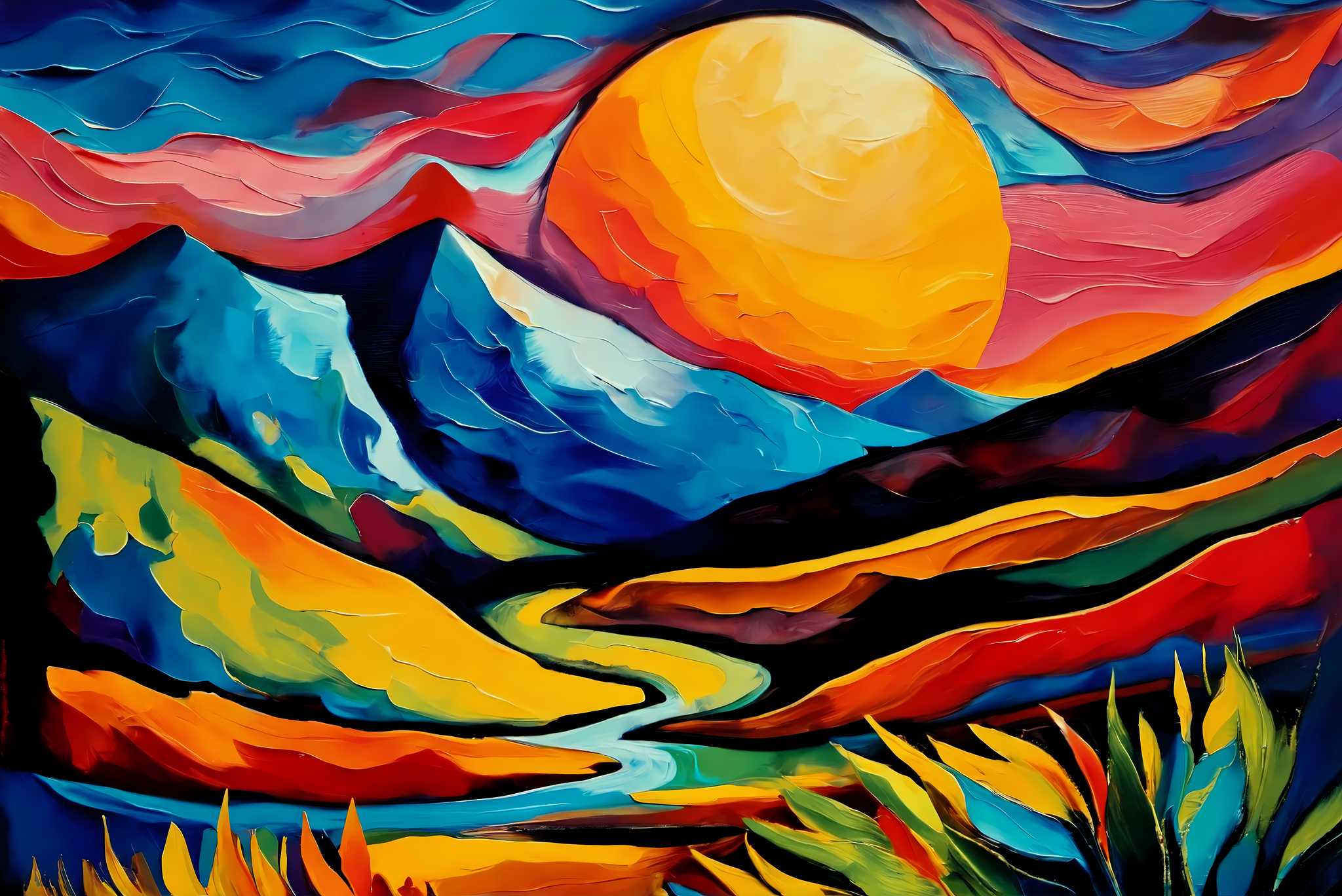 Twilight's embrace peak: Landscape art with nature paintings, in a room with great design, framed art, and designer furniture. The art can be printed on poster, framed poster, canvas, metal, acrylic or wood, exclusively at WallArtZen. Find this exact print at https://wallartzen.com/waz74