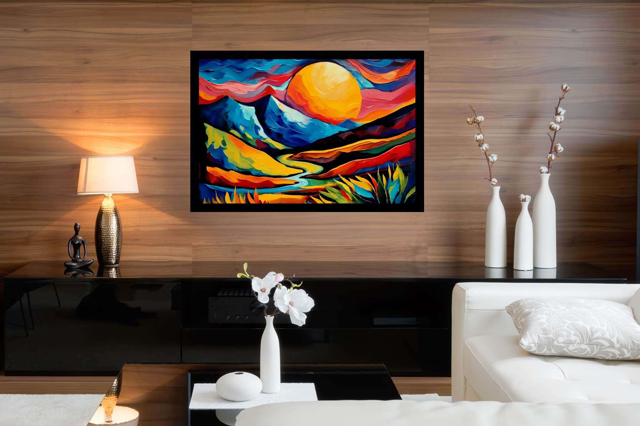 Twilight's embrace peak: Landscape art with rural landscapes, in a room with innovative layout, mural artworks, and artisan decor. The art can be printed on poster, framed poster, canvas, metal, acrylic or wood, exclusively at WallArtZen. Find this exact print at https://wallartzen.com/waz74