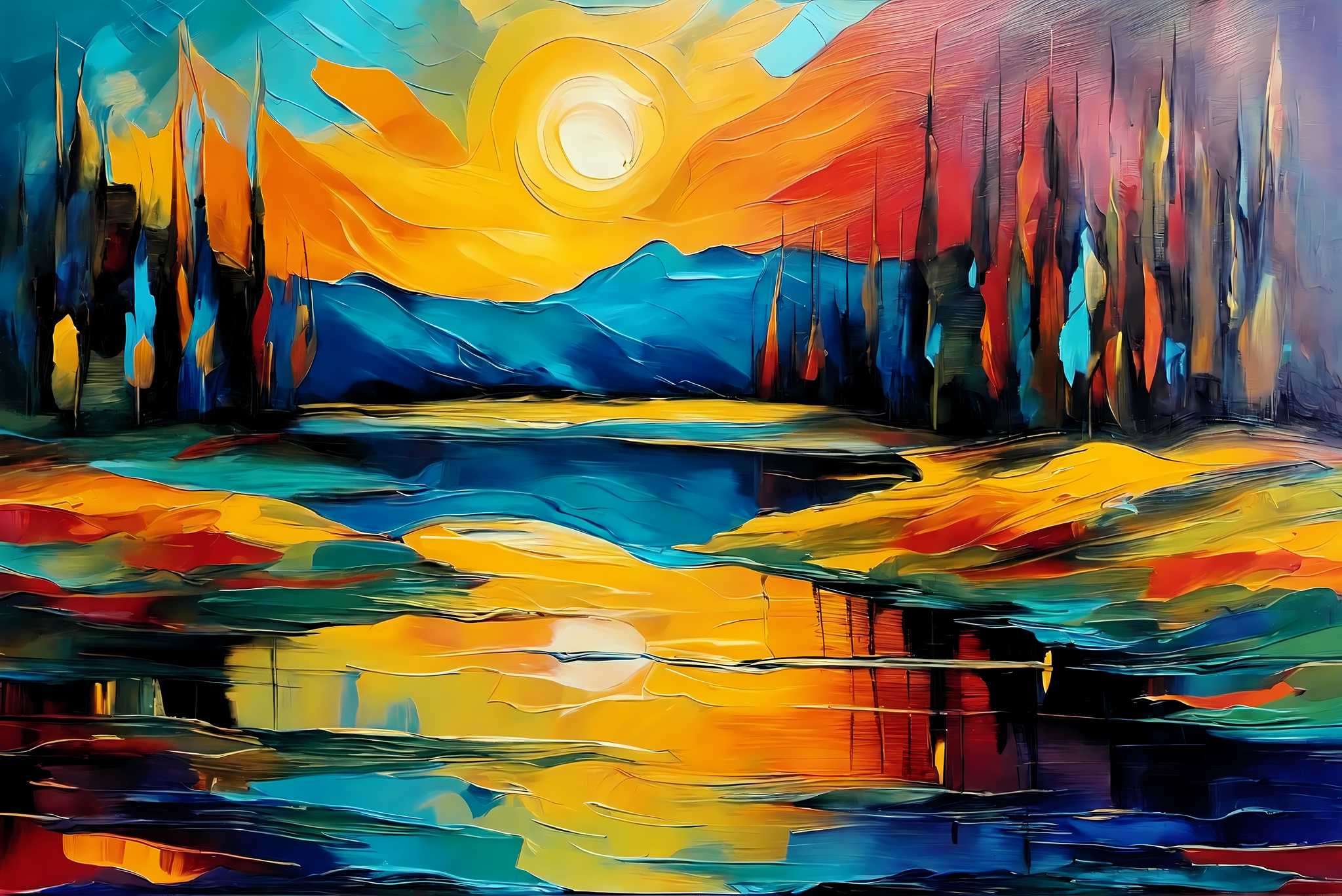 Sunset symphony in teal: Vibrant art with vibrant art designs, in a room with innovative layout, digital art pieces, and trendy home accents. The art can be printed on poster, framed poster, canvas, metal, acrylic or wood, exclusively at WallArtZen. Find this exact print at https://wallartzen.com/waz75