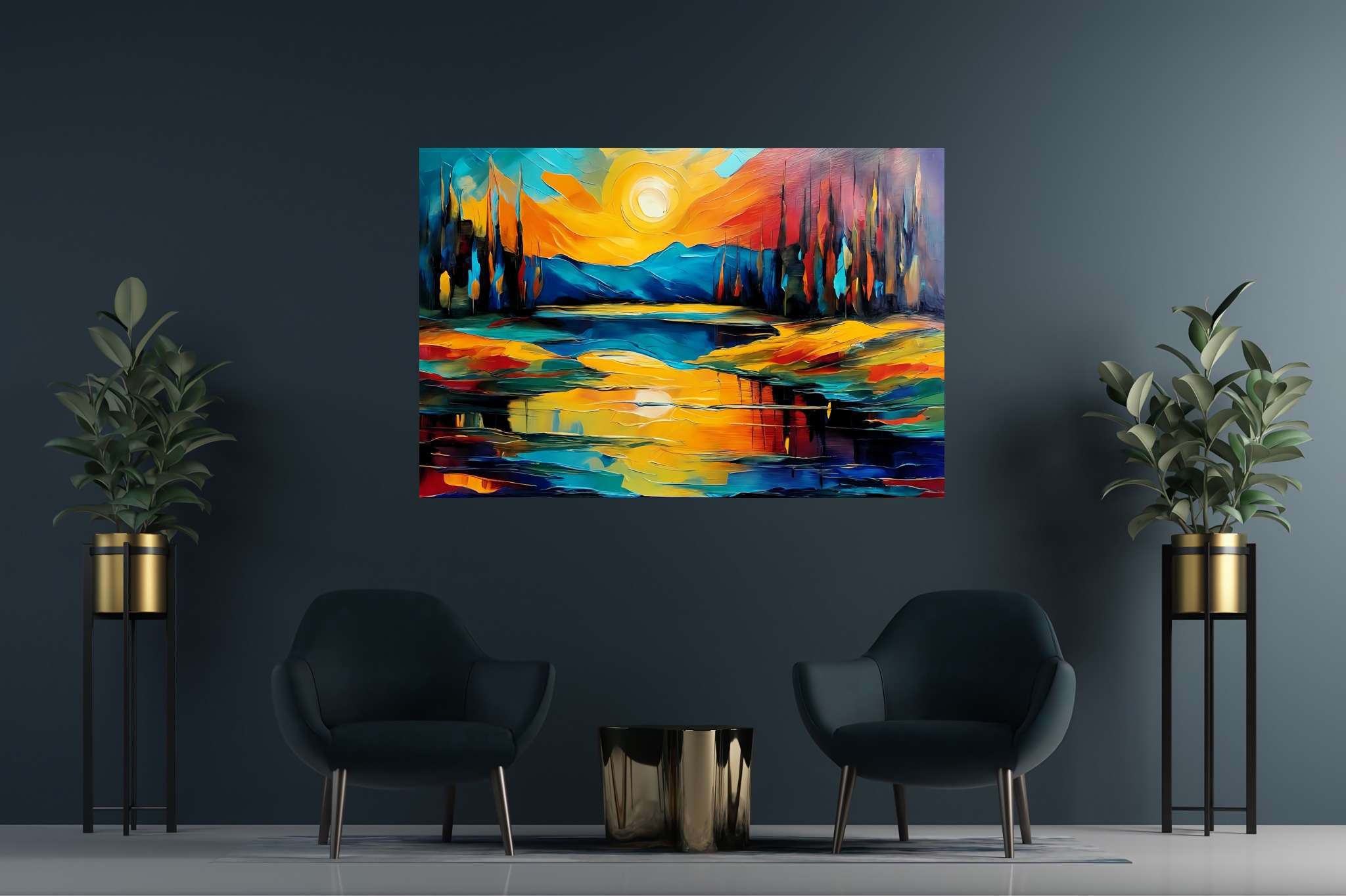 Sunset symphony in teal: Vibrant art with vibrant art styles, in a room with modern style, abstract paintings, and elegant home goods. The art can be printed on poster, framed poster, canvas, metal, acrylic or wood, exclusively at WallArtZen. Find this exact print at https://wallartzen.com/waz75