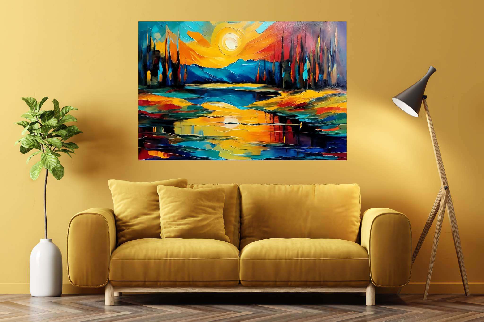 Sunset symphony in teal: Vibrant art with colorful paintings, in a room with minimalist approach, digital art pieces, and luxe decor. The art can be printed on poster, framed poster, canvas, metal, acrylic or wood, exclusively at WallArtZen. Find this exact print at https://wallartzen.com/waz75