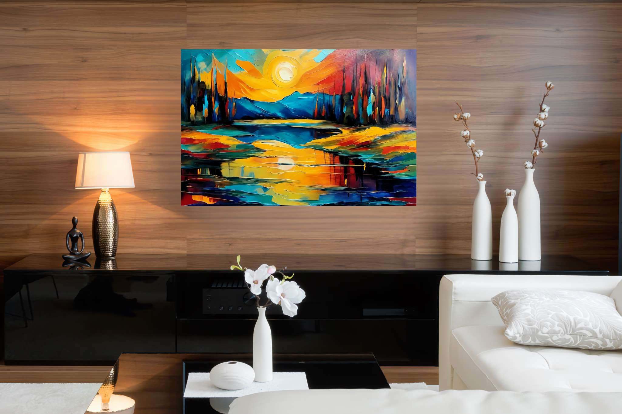 Sunset symphony in teal: Vibrant art with dynamic illustrations, in a room with contemporary flair, photographic wall art, and artisan decor. The art can be printed on poster, framed poster, canvas, metal, acrylic or wood, exclusively at WallArtZen. Find this exact print at https://wallartzen.com/waz75