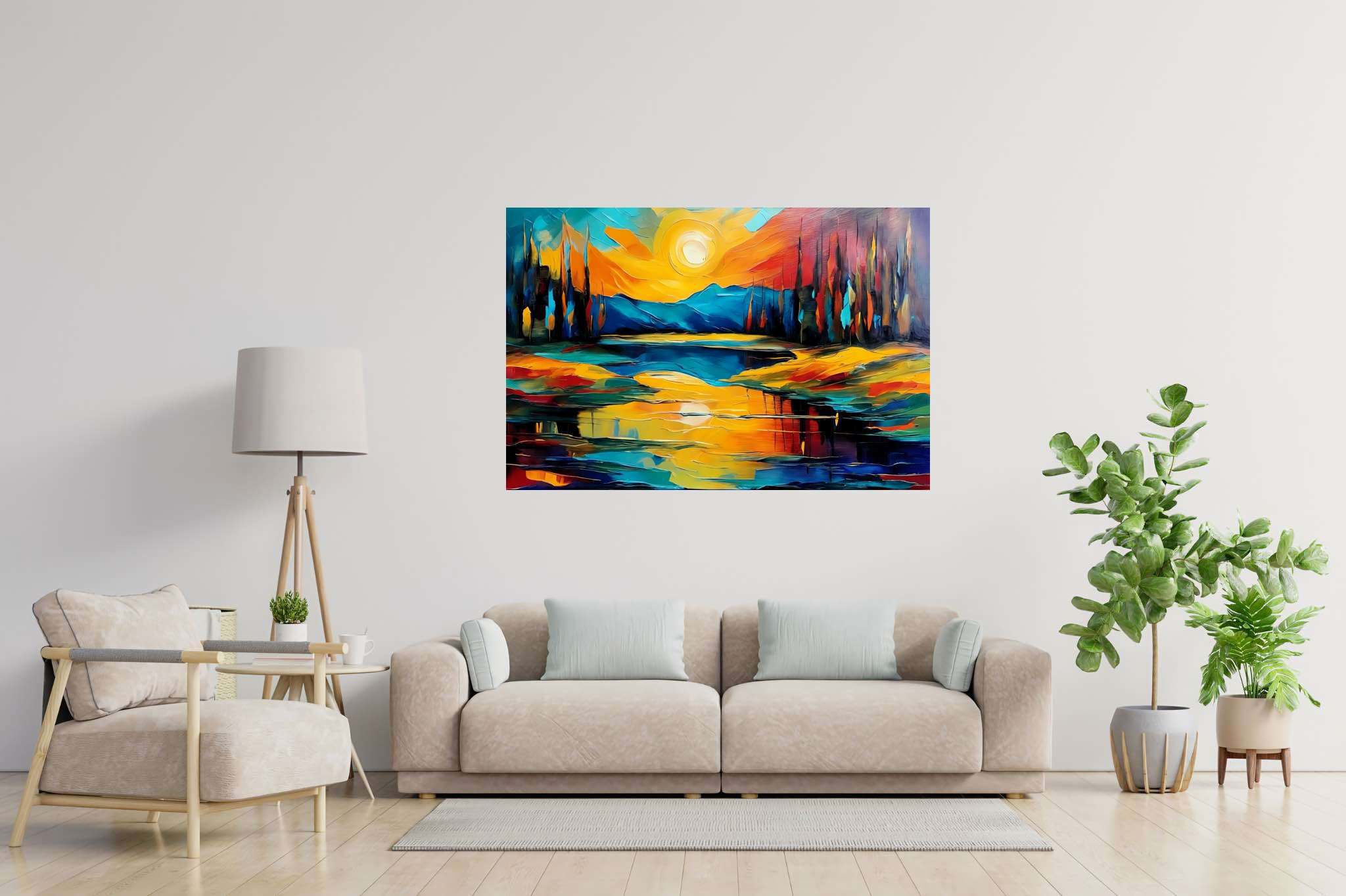 Sunset symphony in teal: Vibrant art with vivid art, in a room with modern style, bespoke art designs, and elegant home goods. The art can be printed on poster, framed poster, canvas, metal, acrylic or wood, exclusively at WallArtZen. Find this exact print at https://wallartzen.com/waz75