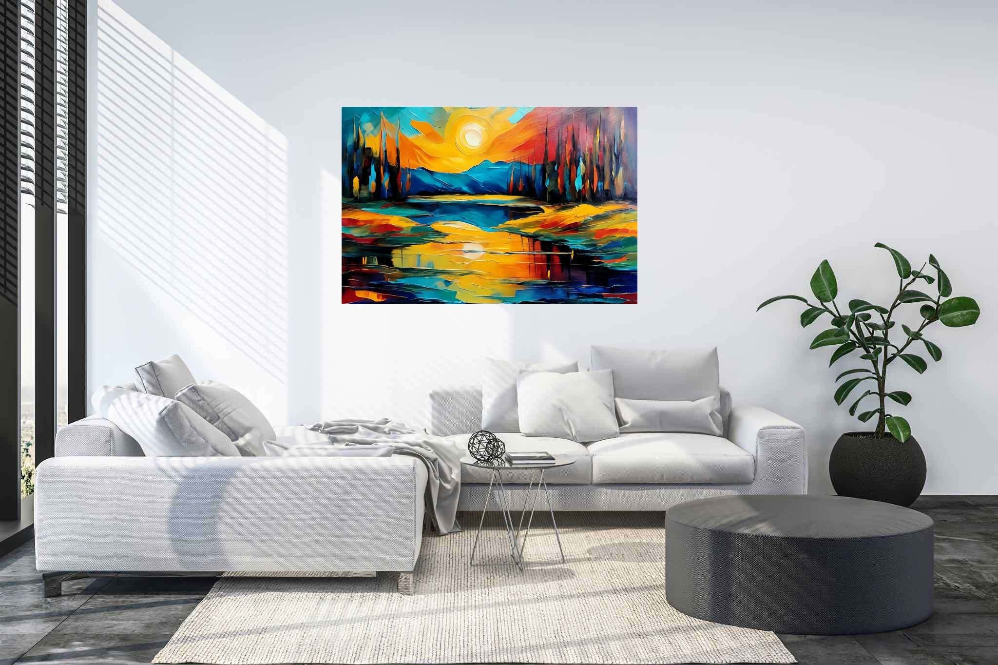 Sunset symphony in teal: Vibrant art with dynamic illustrations, in a room with modern style, fine art prints, and elegant home goods. The art can be printed on poster, framed poster, canvas, metal, acrylic or wood, exclusively at WallArtZen. Find this exact print at https://wallartzen.com/waz75