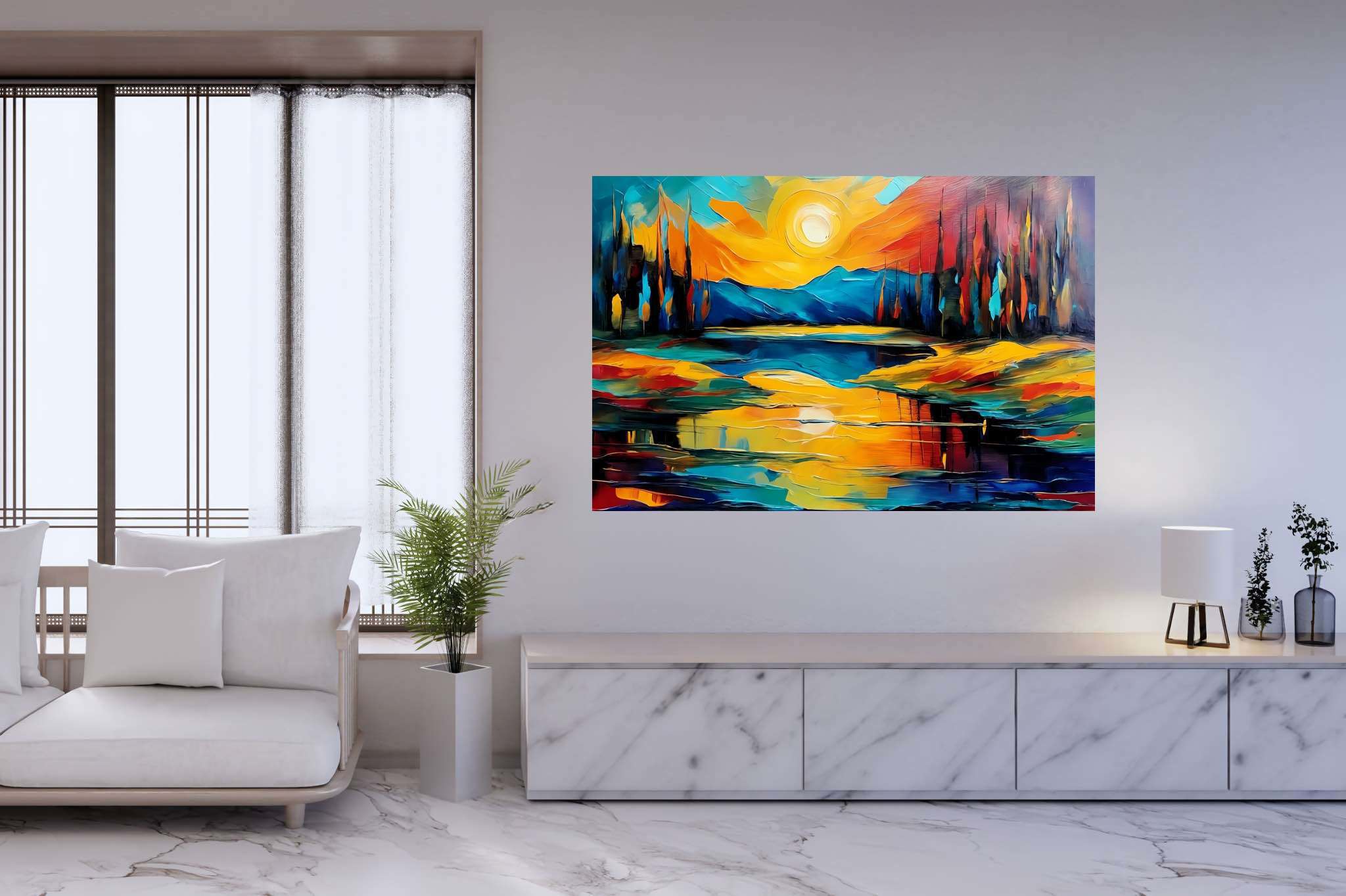 Sunset symphony in teal: Vibrant art with vibrant art styles, in a room with elegant layout, digital art pieces, and designer furniture. The art can be printed on poster, framed poster, canvas, metal, acrylic or wood, exclusively at WallArtZen. Find this exact print at https://wallartzen.com/waz75