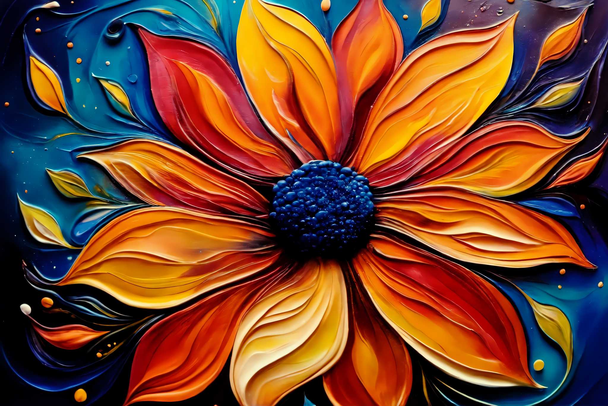 Bloom's ember dance: Vibrant flower art with dynamic flower composition, in a room with great design, abstract paintings, and interior decorations. The art can be printed on poster, framed poster, canvas, metal, acrylic or wood, exclusively at WallArtZen. Find this exact print at https://wallartzen.com/waz76