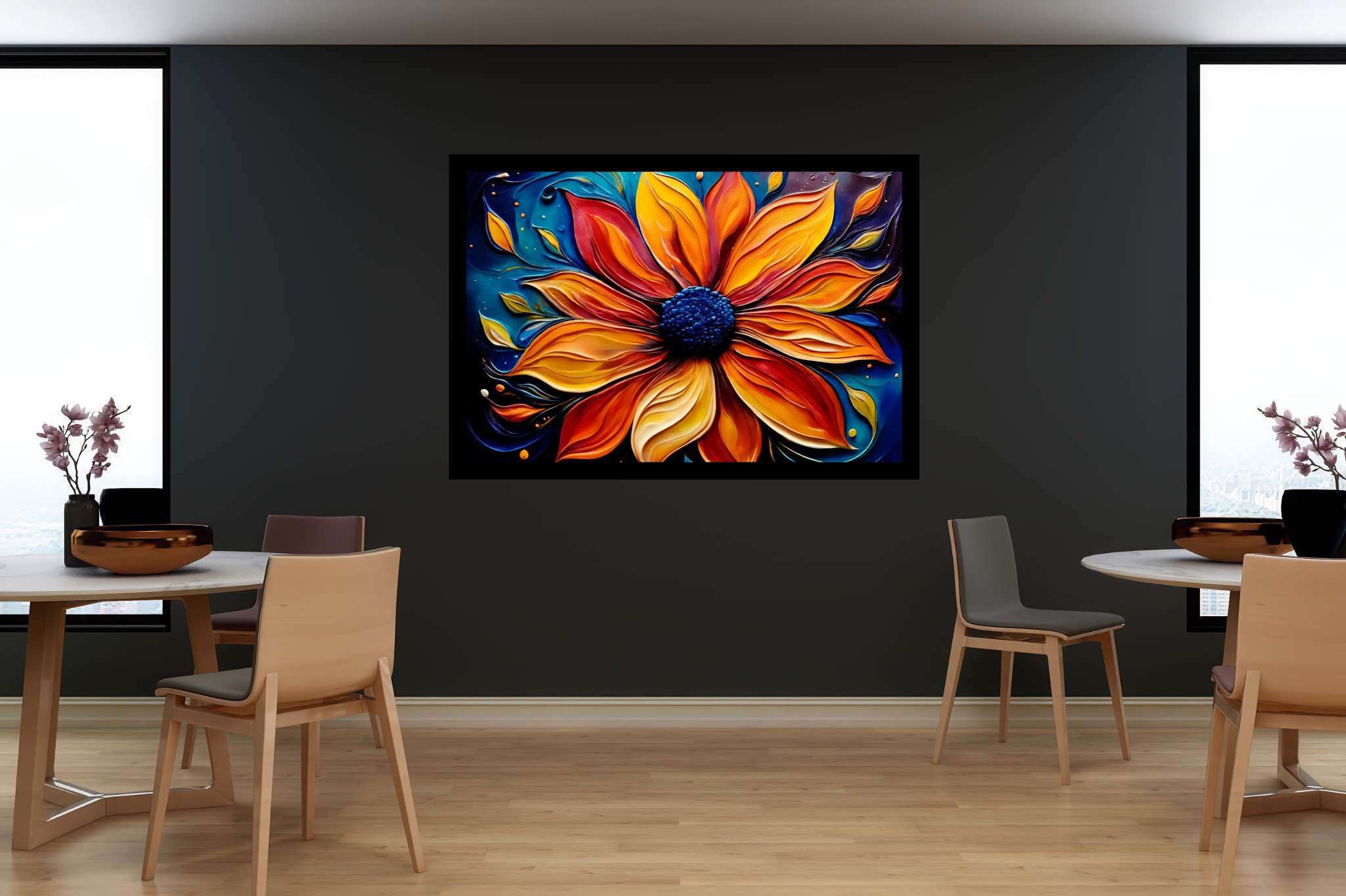 Bloom's ember dance: Vibrant flower art with dynamic flower composition, in a room with great design, photographic wall art, and home furnishings. The art can be printed on poster, framed poster, canvas, metal, acrylic or wood, exclusively at WallArtZen. Find this exact print at https://wallartzen.com/waz76