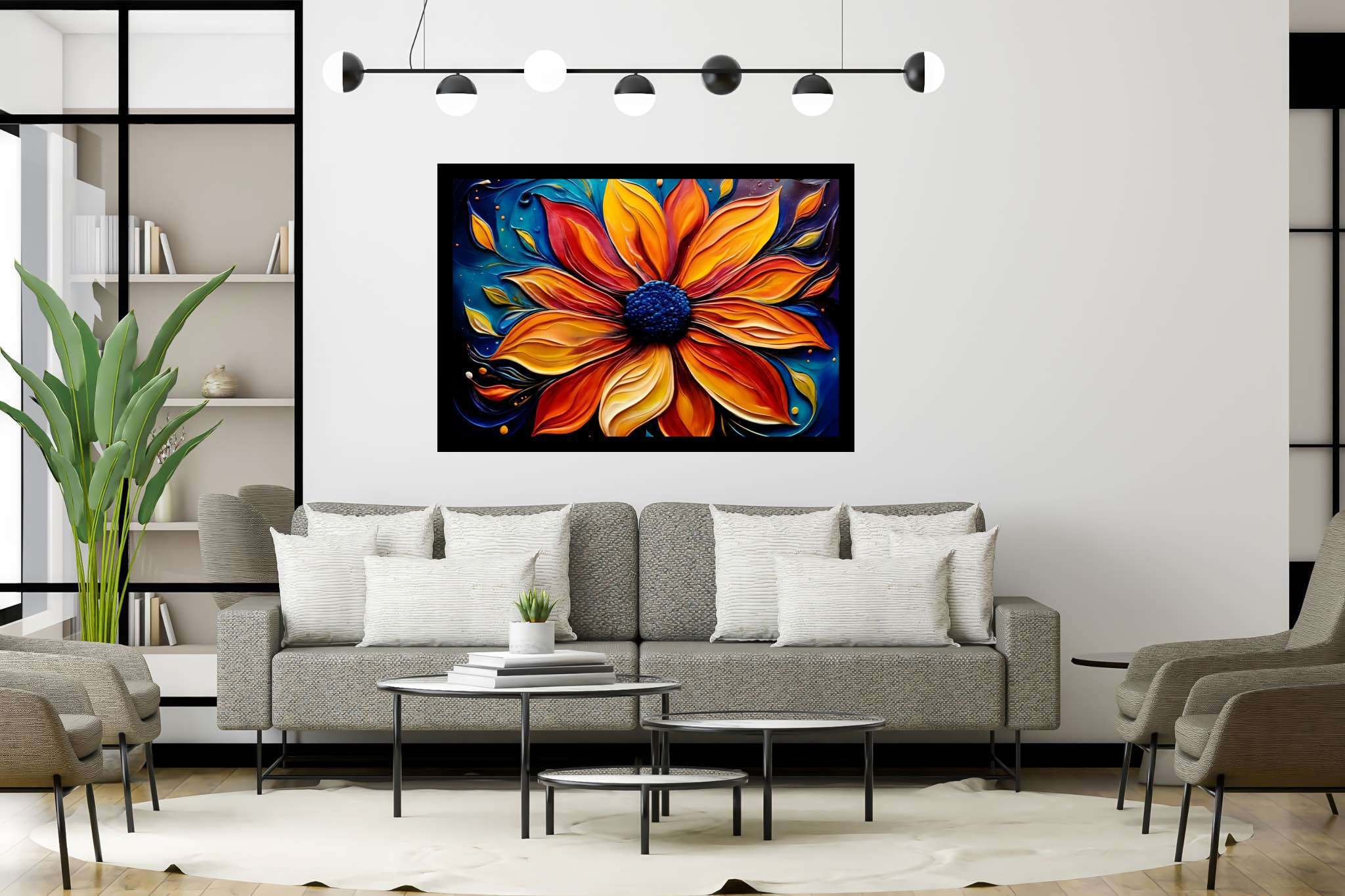 Bloom's ember dance: Vibrant flower art with floral masterpiece, in a room with elegant layout, fine art prints, and decorative pieces. The art can be printed on poster, framed poster, canvas, metal, acrylic or wood, exclusively at WallArtZen. Find this exact print at https://wallartzen.com/waz76
