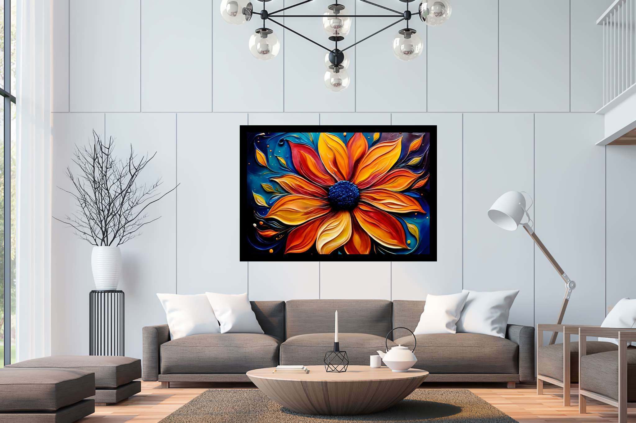 Bloom's ember dance: Vibrant flower art with dynamic flower composition, in a room with elegant layout, mural artworks, and designer furniture. The art can be printed on poster, framed poster, canvas, metal, acrylic or wood, exclusively at WallArtZen. Find this exact print at https://wallartzen.com/waz76