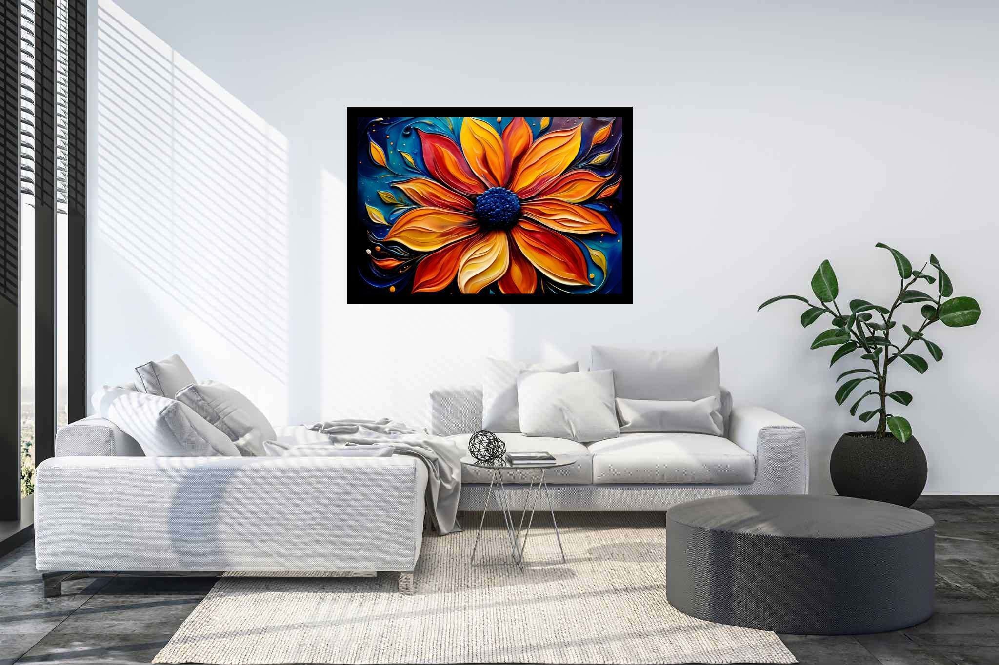 Bloom's ember dance: Vibrant flower art with expressive floral design, in a room with artistic style, photographic wall art, and decorative pieces. The art can be printed on poster, framed poster, canvas, metal, acrylic or wood, exclusively at WallArtZen. Find this exact print at https://wallartzen.com/waz76