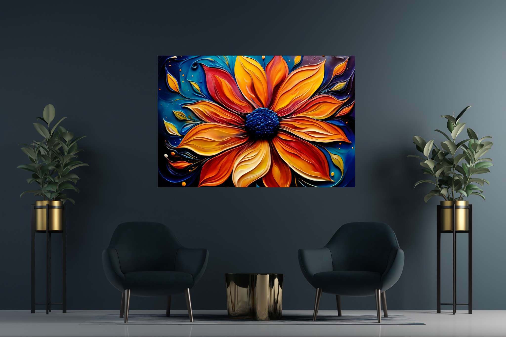 Bloom's ember dance: Vibrant flower art with floral masterpiece, in a room with classic elegance, bespoke art designs, and artisan decor. The art can be printed on poster, framed poster, canvas, metal, acrylic or wood, exclusively at WallArtZen. Find this exact print at https://wallartzen.com/waz76