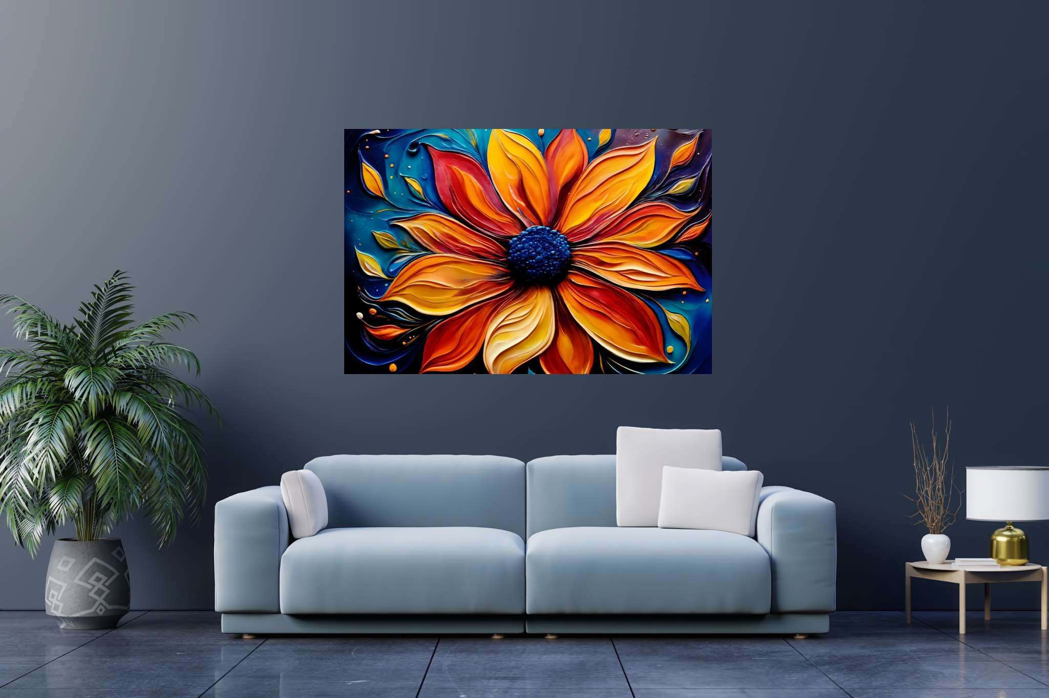 Bloom's ember dance: Vibrant flower art with dynamic flower composition, in a room with artistic style, photographic wall art, and artisan decor. The art can be printed on poster, framed poster, canvas, metal, acrylic or wood, exclusively at WallArtZen. Find this exact print at https://wallartzen.com/waz76