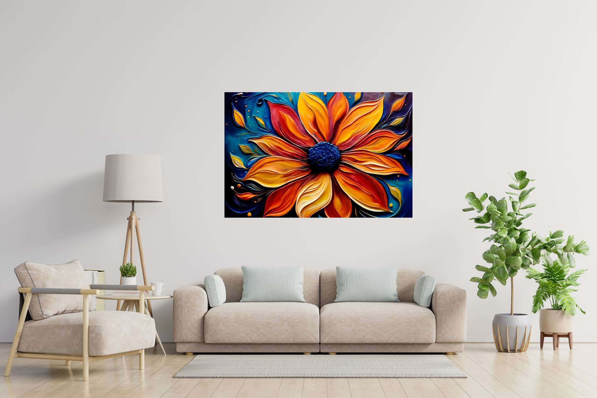 Bloom's ember dance: Vibrant flower art with vibrant floral illustrations, in a room with elegant layout, abstract paintings, and trendy home accents. The art can be printed on poster, framed poster, canvas, metal, acrylic or wood, exclusively at WallArtZen. Find this exact print at https://wallartzen.com/waz76