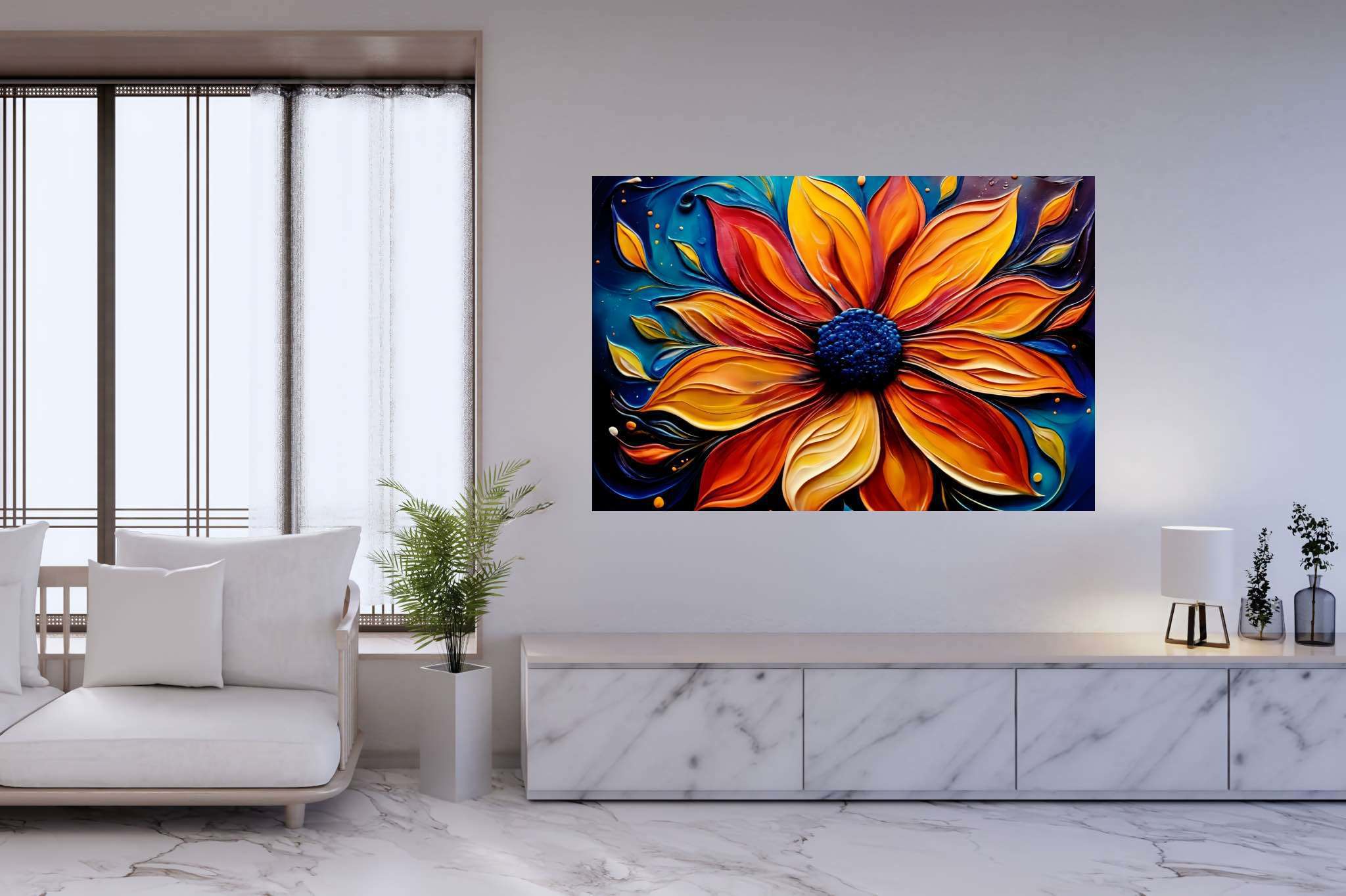 Bloom's ember dance: Vibrant flower art with blossoming beauty, in a room with modern style, wall hangings, and artisan decor. The art can be printed on poster, framed poster, canvas, metal, acrylic or wood, exclusively at WallArtZen. Find this exact print at https://wallartzen.com/waz76