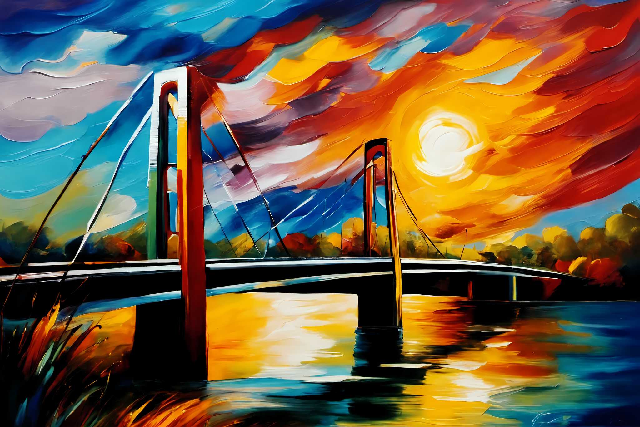 Crimson arcadia crossing: Vibrant bridge art with vibrant architectural art, in a room with artistic style, bespoke art designs, and artisan decor. The art can be printed on poster, framed poster, canvas, metal, acrylic or wood, exclusively at WallArtZen. Find this exact print at https://wallartzen.com/waz77