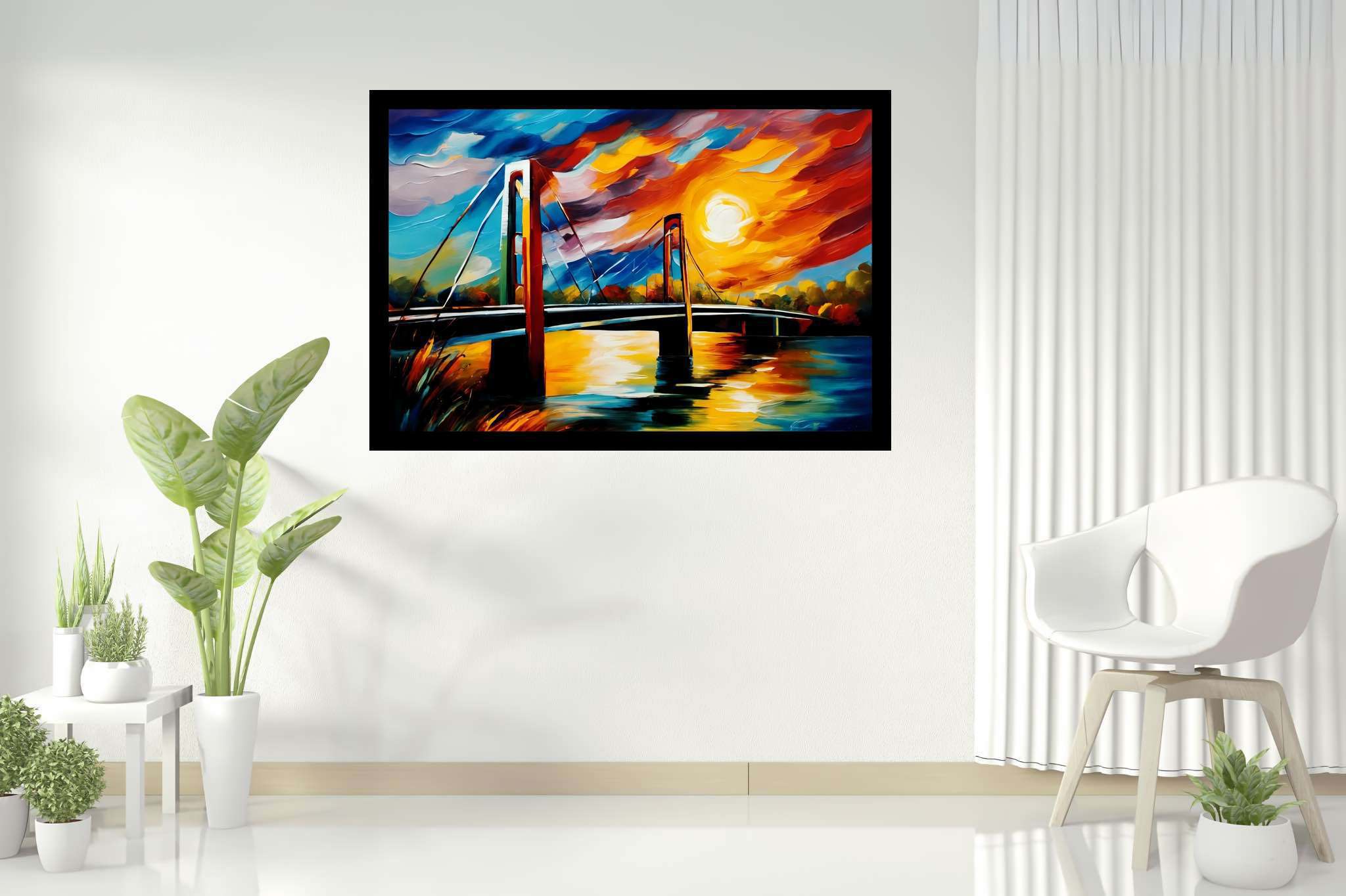 Crimson arcadia crossing: Vibrant bridge art with lively bridge artwork, in a room with contemporary flair, fine art prints, and artisan decor. The art can be printed on poster, framed poster, canvas, metal, acrylic or wood, exclusively at WallArtZen. Find this exact print at https://wallartzen.com/waz77