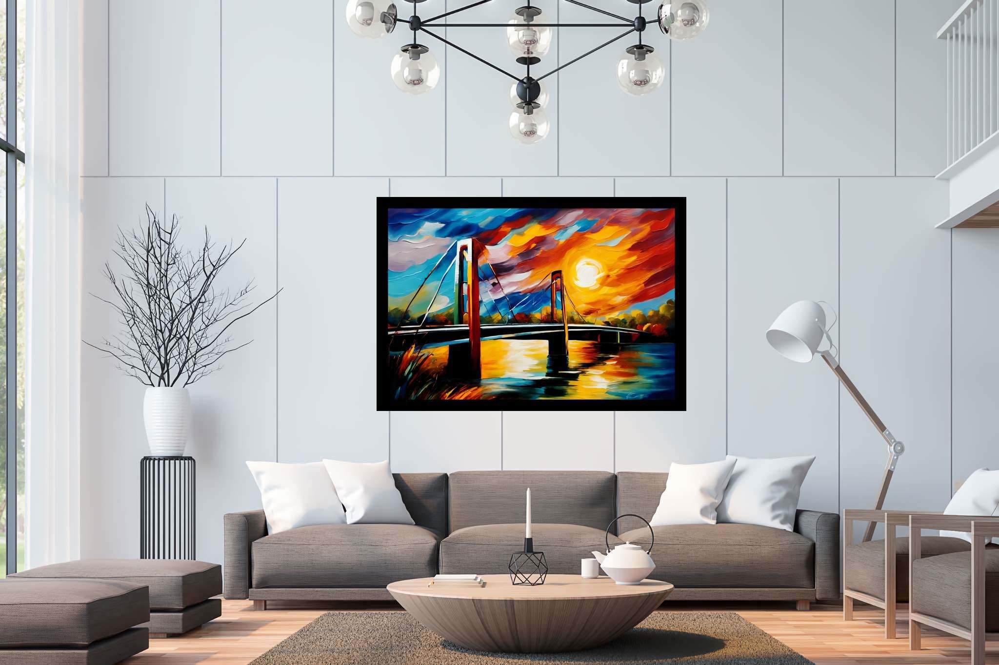 Crimson arcadia crossing: Vibrant bridge art with vibrant urban art, in a room with great design, wall art, and interior decorations. The art can be printed on poster, framed poster, canvas, metal, acrylic or wood, exclusively at WallArtZen. Find this exact print at https://wallartzen.com/waz77