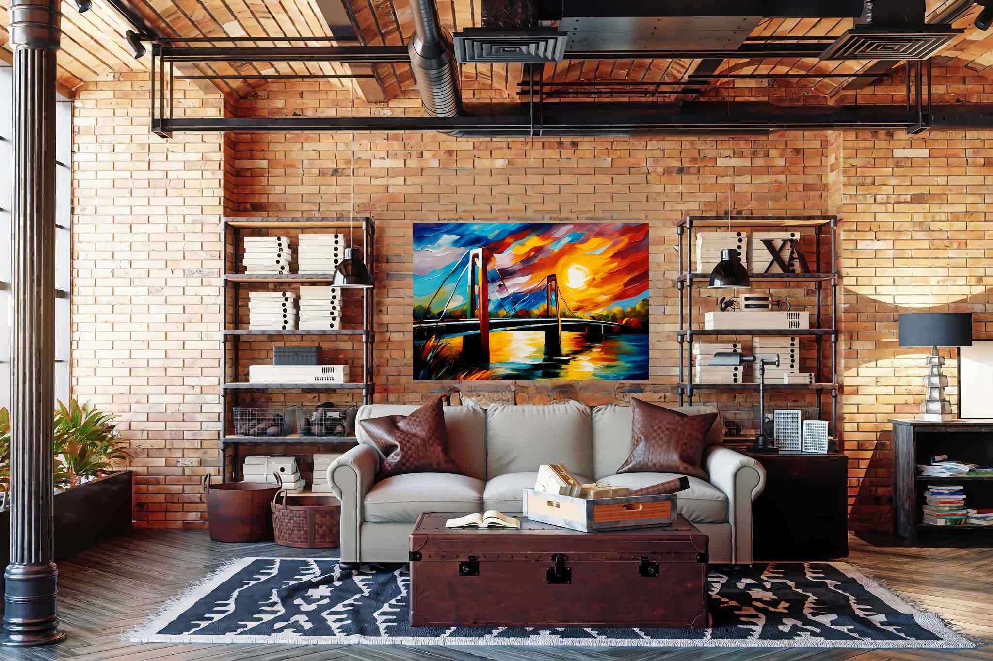 Crimson arcadia crossing: Vibrant bridge art with lively bridge sketches, in a room with innovative layout, fine art prints, and elegant home goods. The art can be printed on poster, framed poster, canvas, metal, acrylic or wood, exclusively at WallArtZen. Find this exact print at https://wallartzen.com/waz77