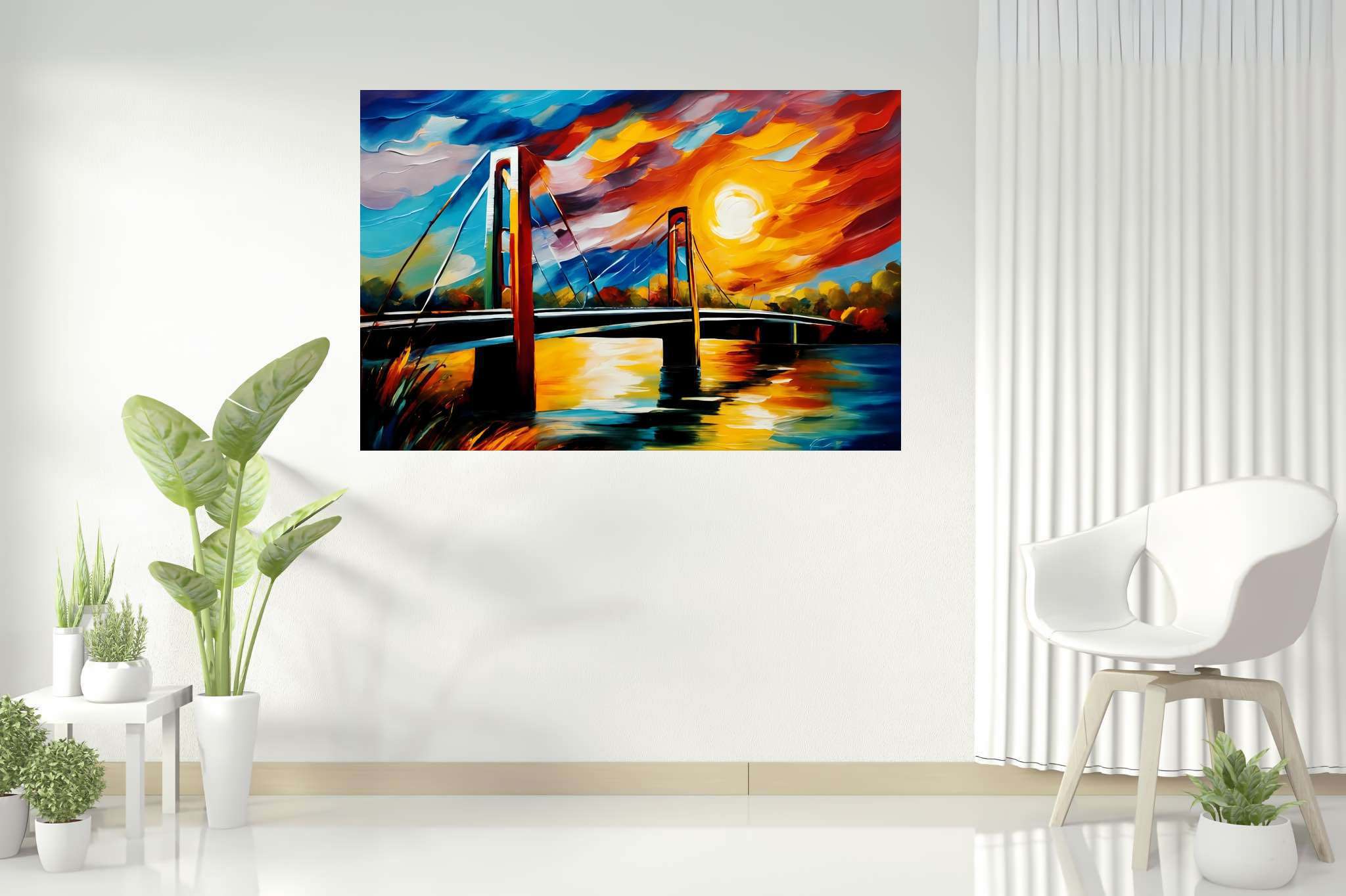 Crimson arcadia crossing: Vibrant bridge art with colorful bridge paintings, in a room with artistic style, bespoke art designs, and luxe decor. The art can be printed on poster, framed poster, canvas, metal, acrylic or wood, exclusively at WallArtZen. Find this exact print at https://wallartzen.com/waz77