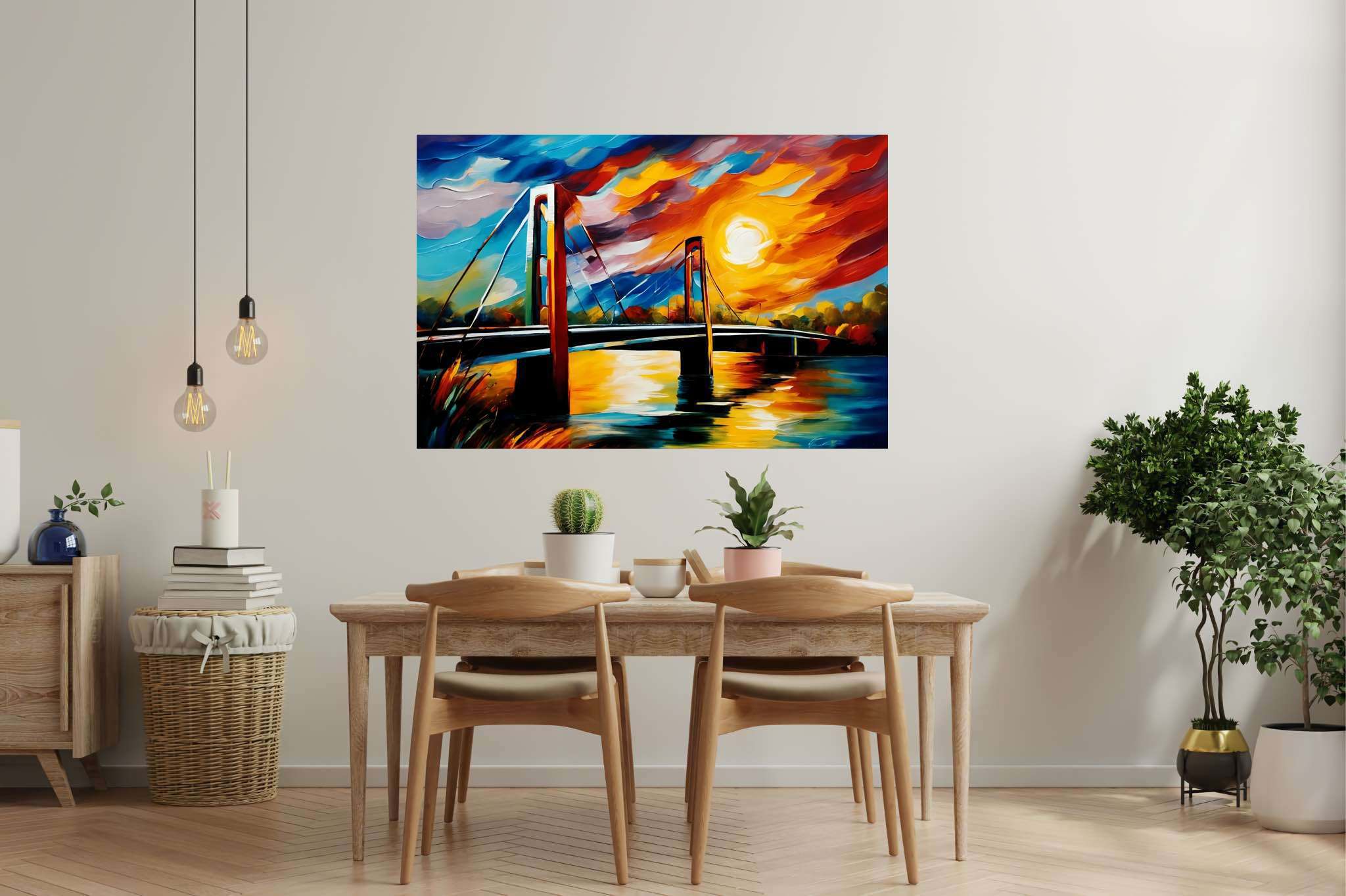 Crimson arcadia crossing: Vibrant bridge art with vibrant bridge landscapes, in a room with contemporary flair, gallery-quality artwork, and interior decorations. The art can be printed on poster, framed poster, canvas, metal, acrylic or wood, exclusively at WallArtZen. Find this exact print at https://wallartzen.com/waz77