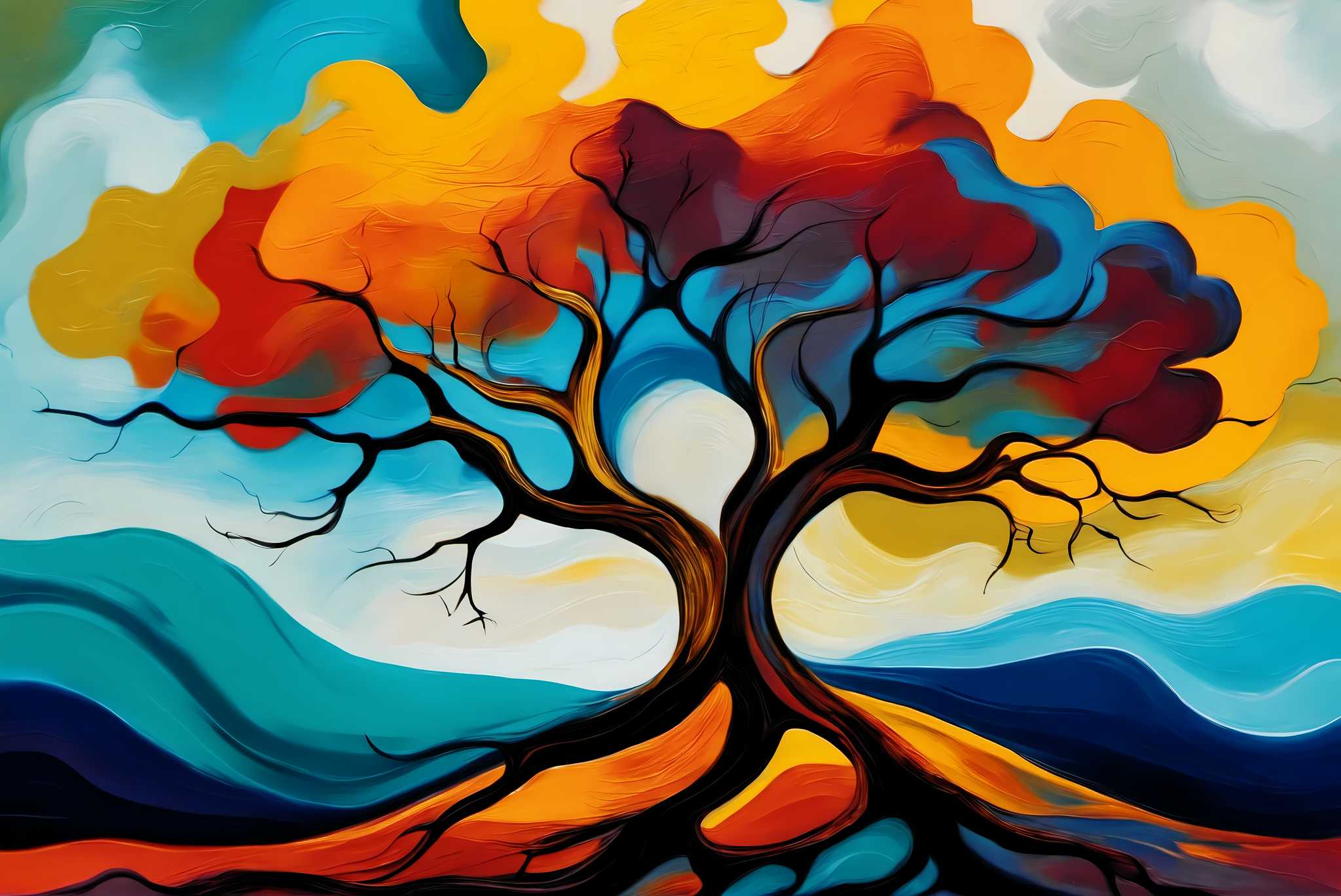 Cosmic arboreal symphony: Majestic tree art with botanical art, in a room with contemporary flair, wall hangings, and decorative pieces. The art can be printed on poster, framed poster, canvas, metal, acrylic or wood, exclusively at WallArtZen. Find this exact print at https://wallartzen.com/waz78