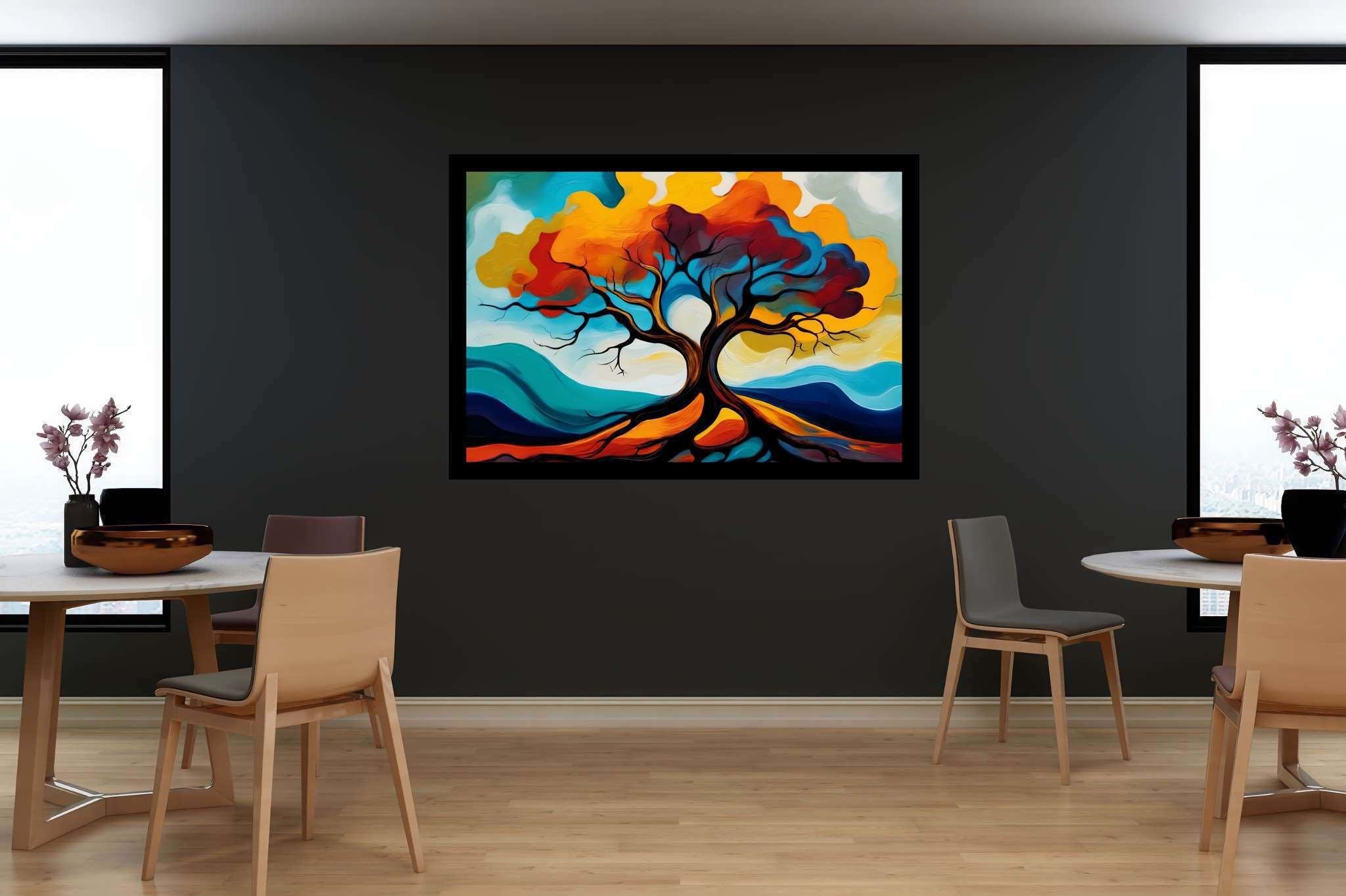 Cosmic arboreal symphony: Majestic tree art with nature-inspired artwork, in a room with innovative layout, mural artworks, and elegant home goods. The art can be printed on poster, framed poster, canvas, metal, acrylic or wood, exclusively at WallArtZen. Find this exact print at https://wallartzen.com/waz78