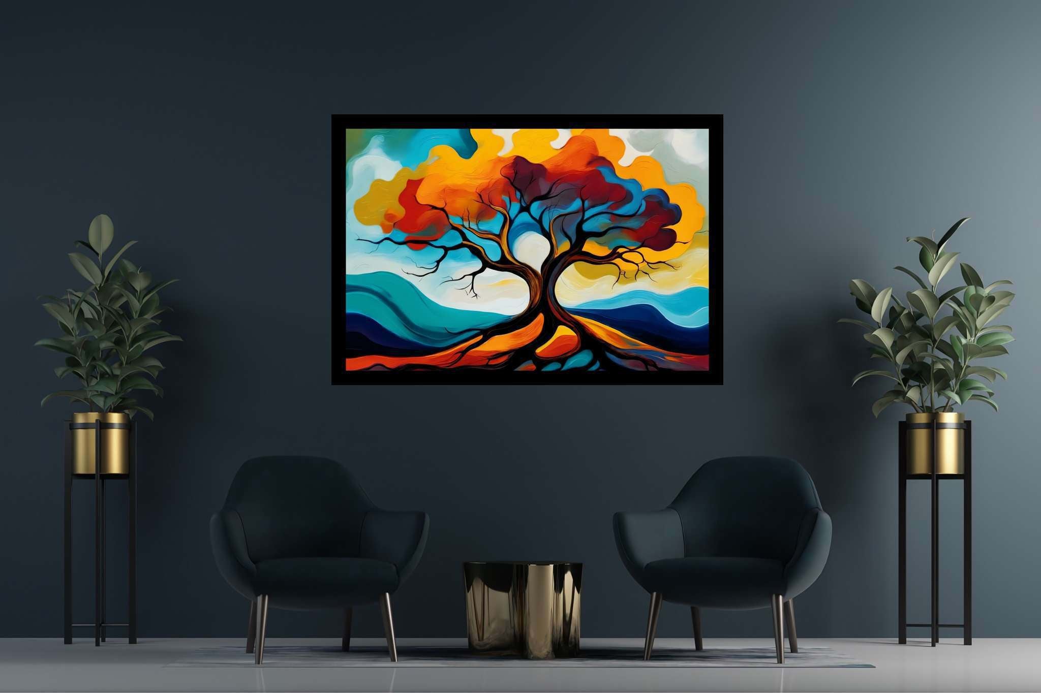 Cosmic arboreal symphony: Majestic tree art with tree-inspired illustrations, in a room with chic decor, wall hangings, and home furnishings. The art can be printed on poster, framed poster, canvas, metal, acrylic or wood, exclusively at WallArtZen. Find this exact print at https://wallartzen.com/waz78
