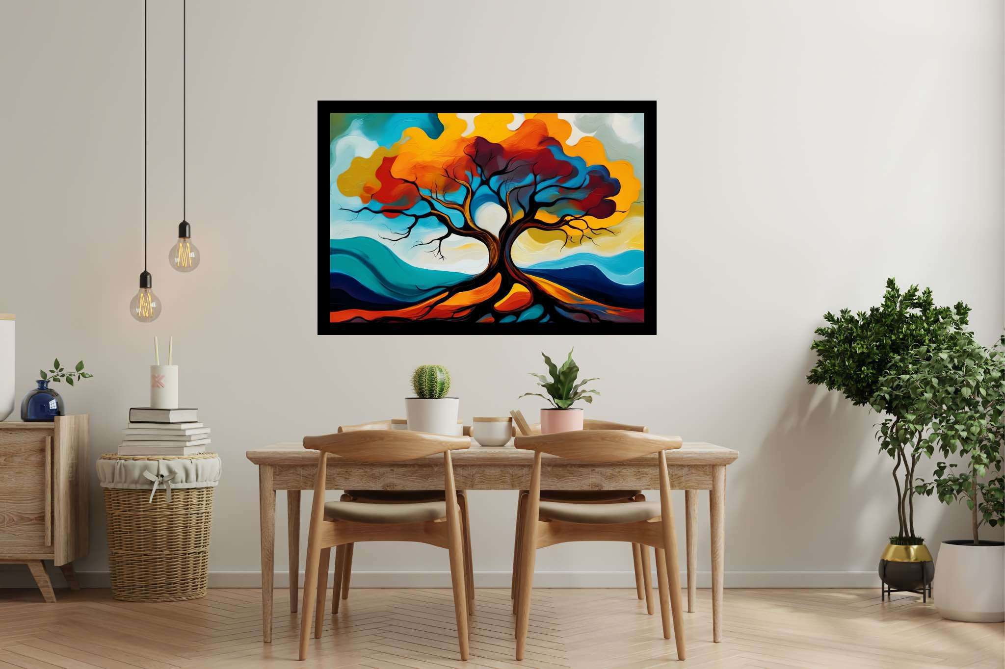 Cosmic arboreal symphony: Majestic tree art with tree-inspired mixed media art, in a room with great design, wall art, and interior decorations. The art can be printed on poster, framed poster, canvas, metal, acrylic or wood, exclusively at WallArtZen. Find this exact print at https://wallartzen.com/waz78
