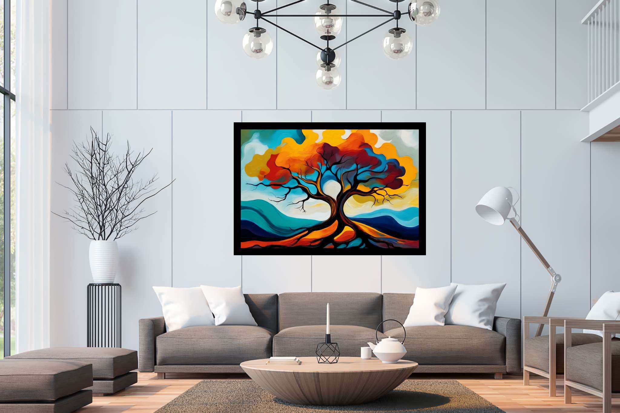 Cosmic arboreal symphony: Majestic tree art with tree-inspired mixed media art, in a room with great design, digital art pieces, and decorative pieces. The art can be printed on poster, framed poster, canvas, metal, acrylic or wood, exclusively at WallArtZen. Find this exact print at https://wallartzen.com/waz78