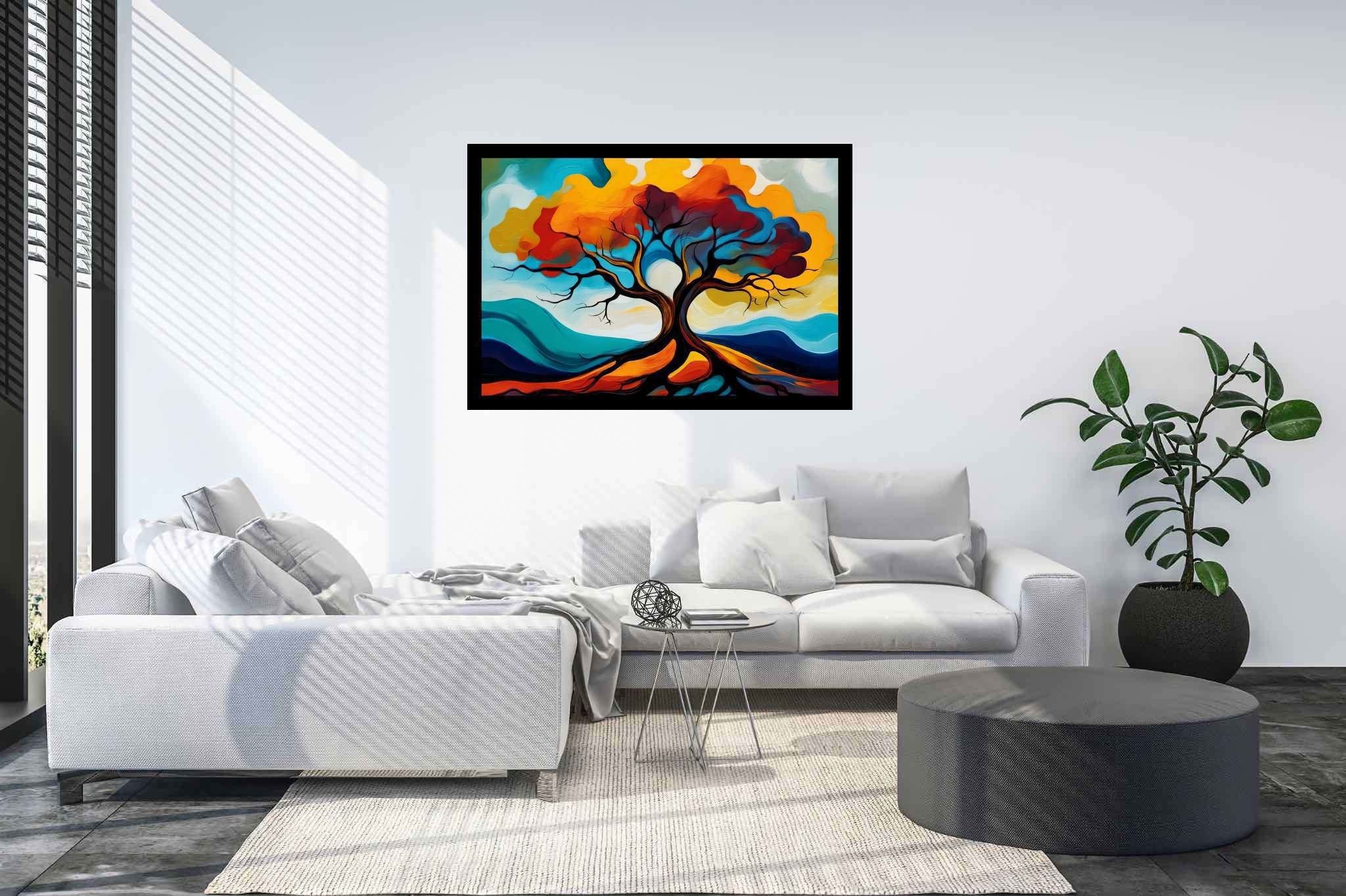 Cosmic arboreal symphony: Majestic tree art with majestic nature scenes, in a room with contemporary flair, photographic wall art, and elegant home goods. The art can be printed on poster, framed poster, canvas, metal, acrylic or wood, exclusively at WallArtZen. Find this exact print at https://wallartzen.com/waz78