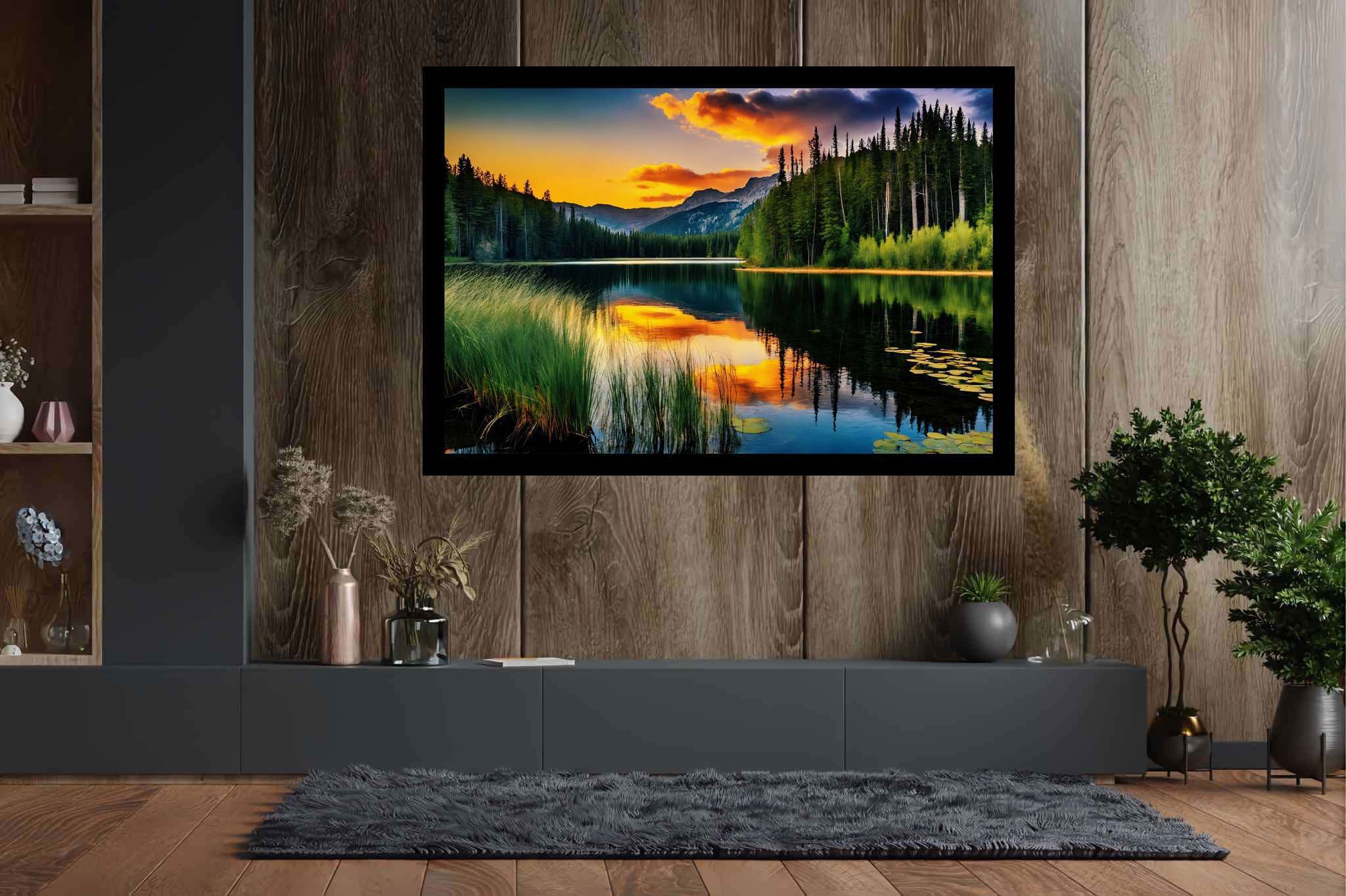 Twilight's mirror lake: Sunset lake art with vibrant sunset art, in a room with minimalist approach, wall hangings, and home furnishings. The art can be printed on poster, framed poster, canvas, metal, acrylic or wood, exclusively at WallArtZen. Find this exact print at https://wallartzen.com/waz7