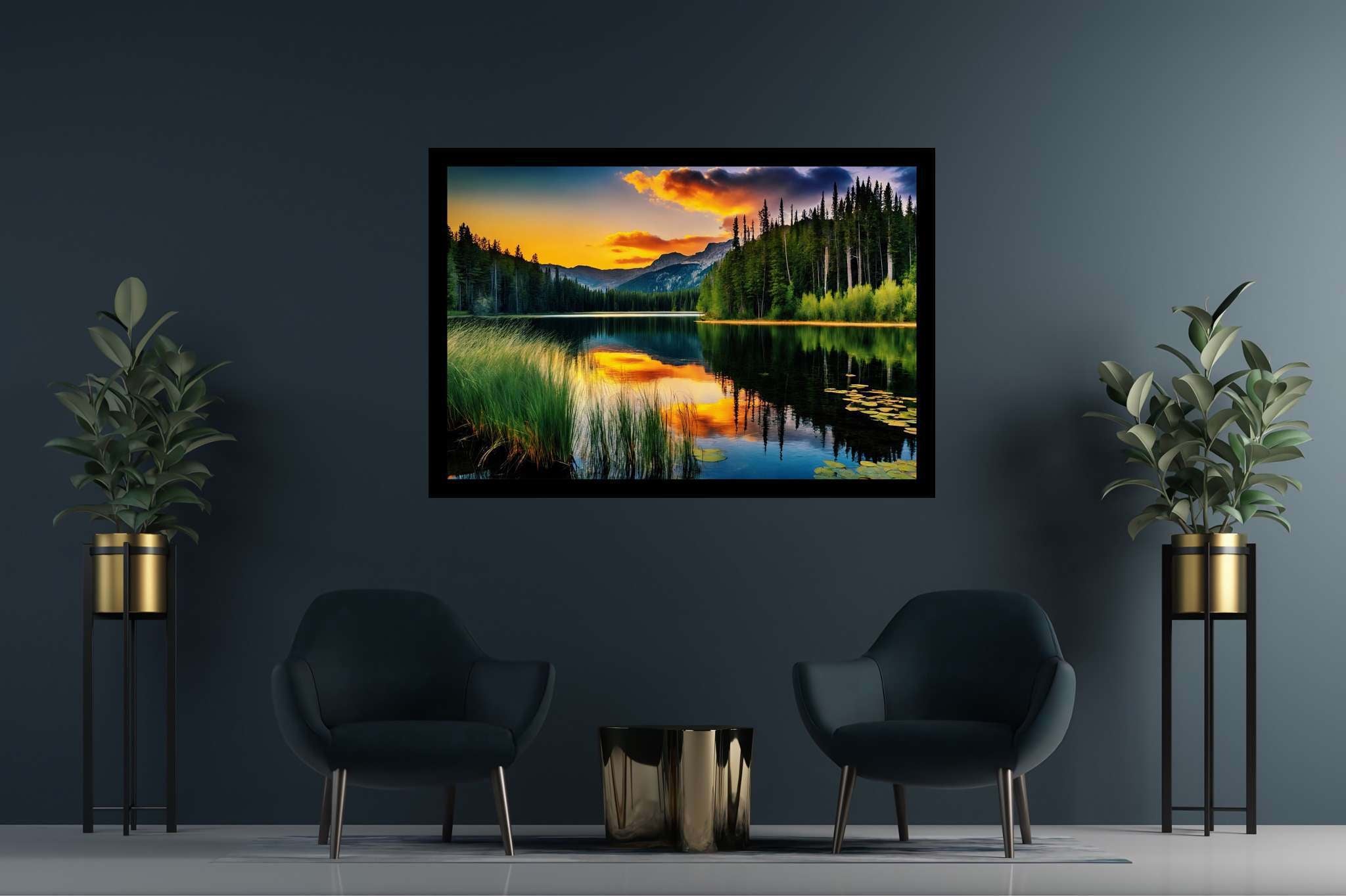 Twilight's mirror lake: Sunset lake art with scenic landscapes, in a room with elegant layout, bespoke art designs, and trendy home accents. The art can be printed on poster, framed poster, canvas, metal, acrylic or wood, exclusively at WallArtZen. Find this exact print at https://wallartzen.com/waz7