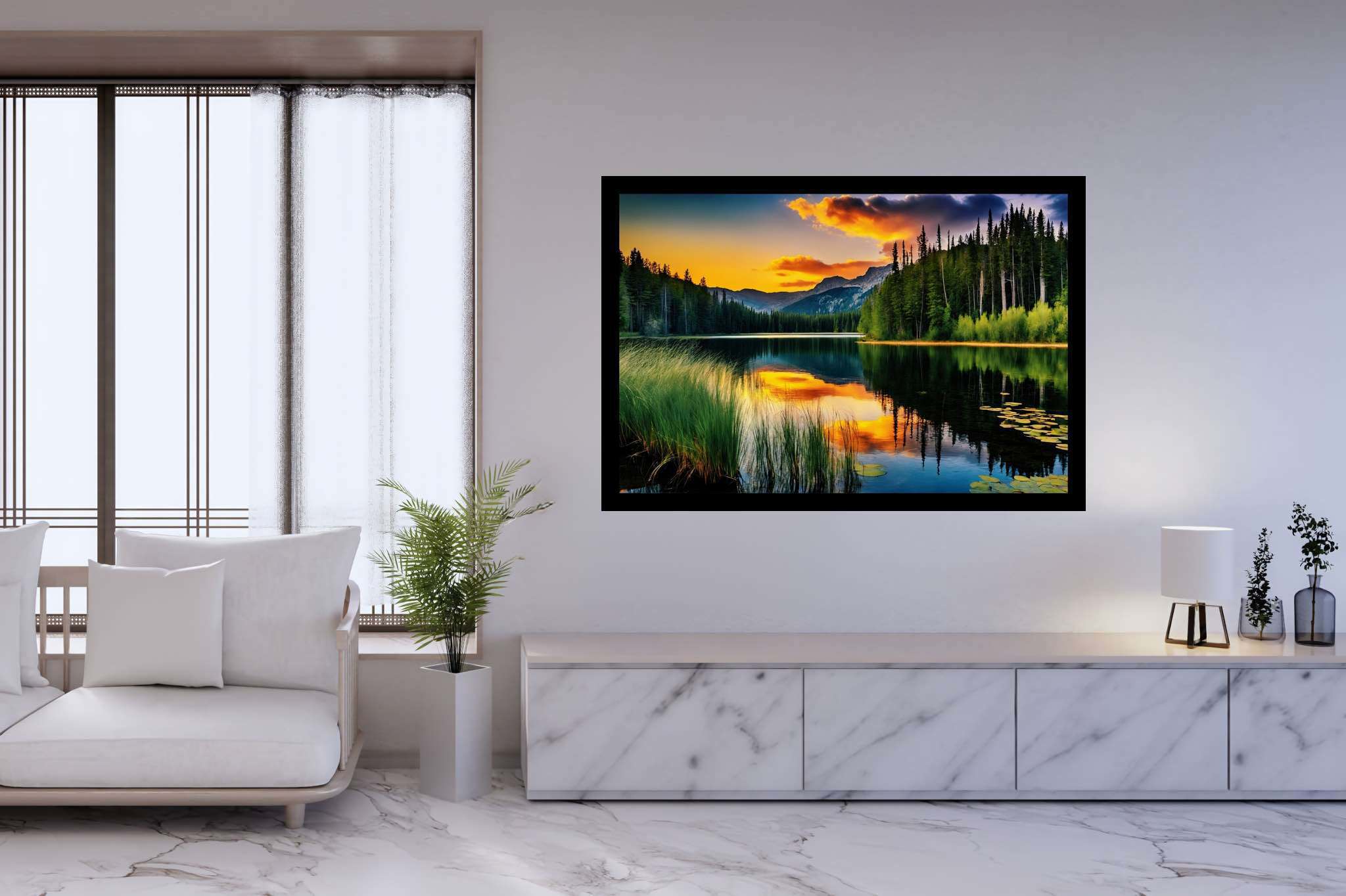 Twilight's mirror lake: Sunset lake art with sunset lake art, in a room with minimalist approach, digital art pieces, and interior decorations. The art can be printed on poster, framed poster, canvas, metal, acrylic or wood, exclusively at WallArtZen. Find this exact print at https://wallartzen.com/waz7