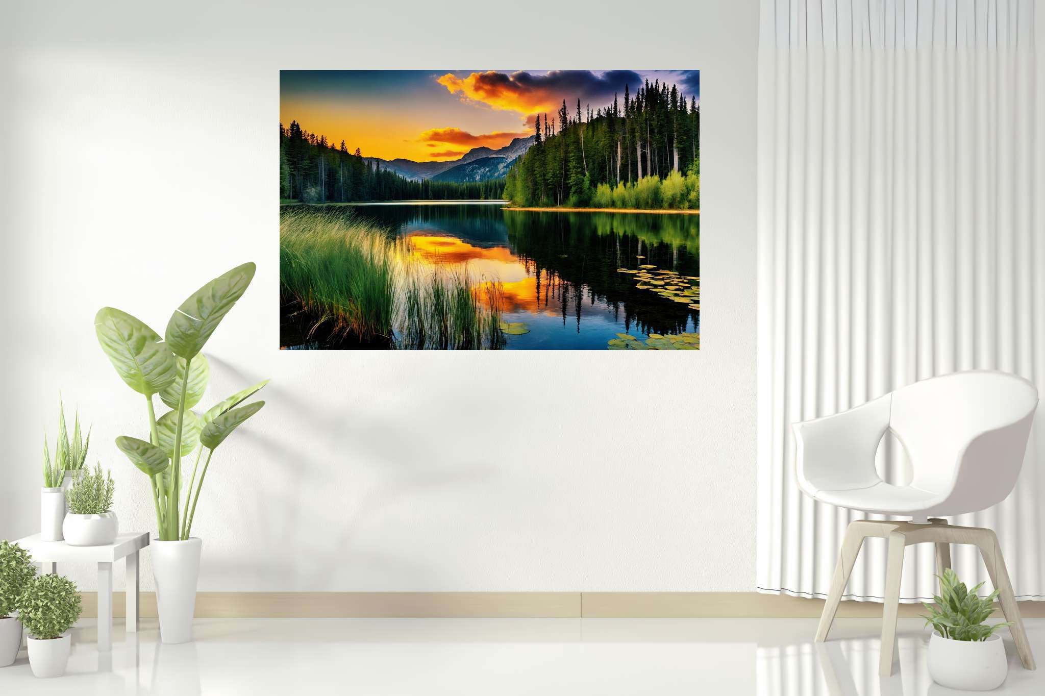Twilight's mirror lake: Sunset lake art with picturesque landscapes, in a room with artistic style, framed art, and decorative pieces. The art can be printed on poster, framed poster, canvas, metal, acrylic or wood, exclusively at WallArtZen. Find this exact print at https://wallartzen.com/waz7