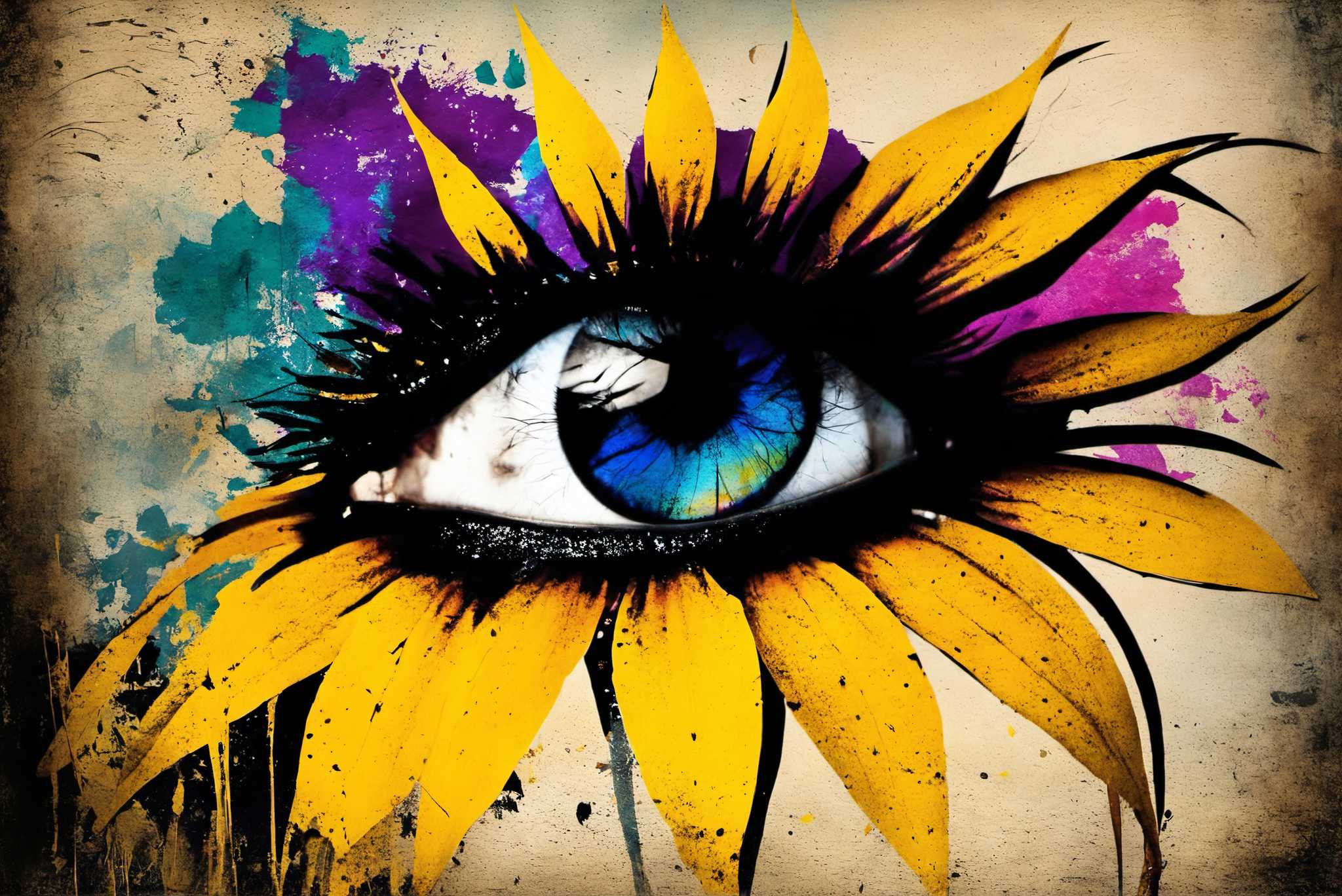 Sunflower gaze amidst azure dreams: Vibrant eye art with captivating eye designs, in a room with minimalist approach, photographic wall art, and trendy home accents. The art can be printed on poster, framed poster, canvas, metal, acrylic or wood, exclusively at WallArtZen. Find this exact print at https://wallartzen.com/waz80