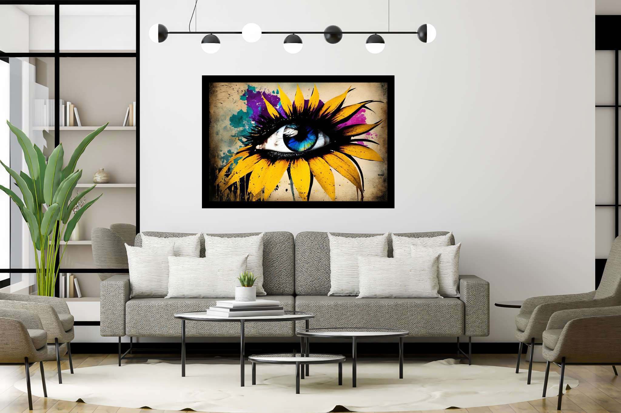 Sunflower gaze amidst azure dreams: Vibrant eye art with vibrant eye prints, in a room with minimalist approach, canvas prints, and interior decorations. The art can be printed on poster, framed poster, canvas, metal, acrylic or wood, exclusively at WallArtZen. Find this exact print at https://wallartzen.com/waz80