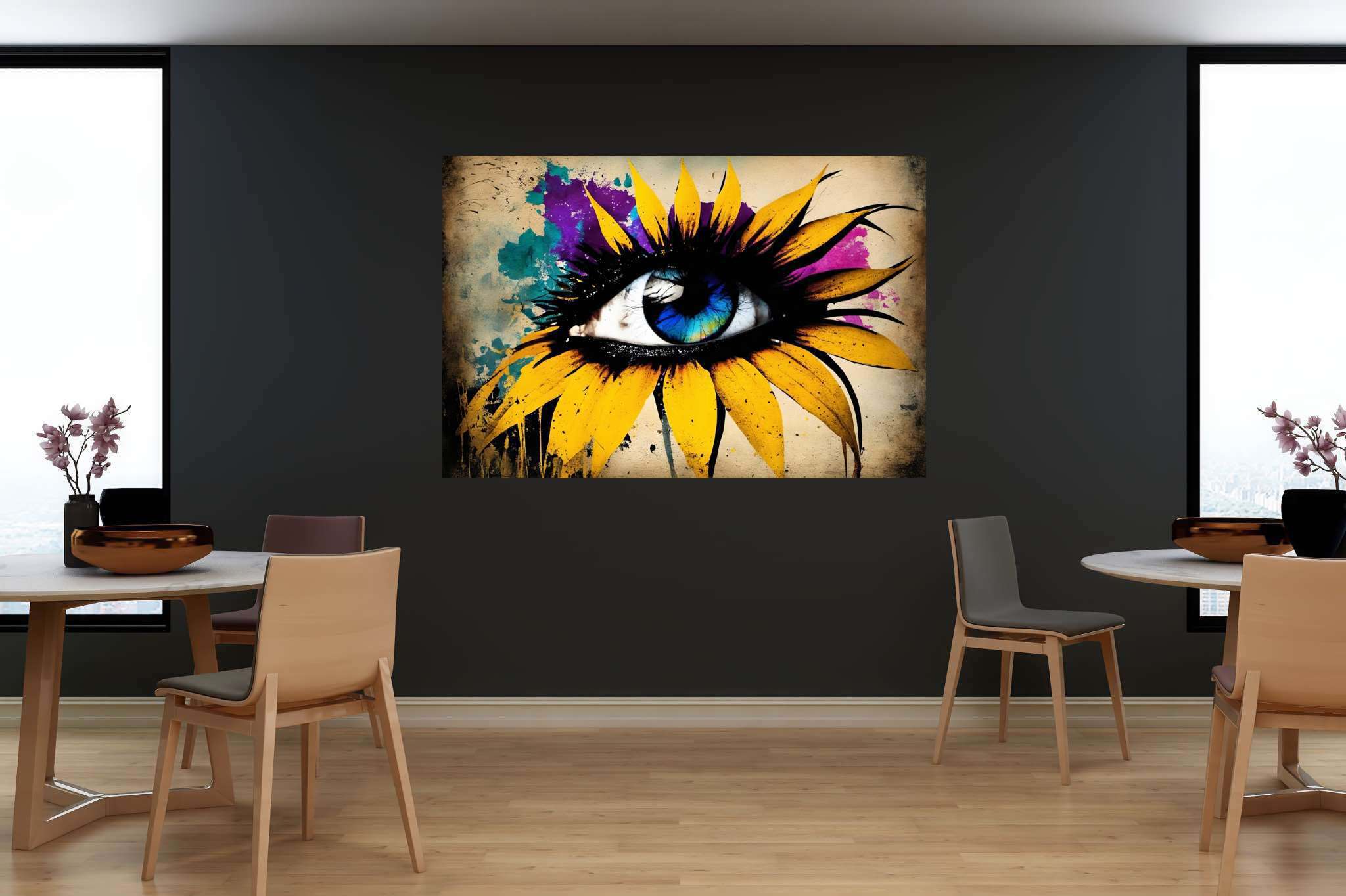 Sunflower gaze amidst azure dreams: Vibrant eye art with vibrant eye art, in a room with modern style, wall art, and interior decorations. The art can be printed on poster, framed poster, canvas, metal, acrylic or wood, exclusively at WallArtZen. Find this exact print at https://wallartzen.com/waz80