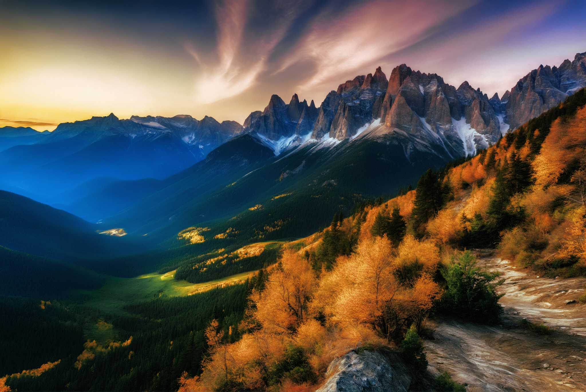 Sunset sonata in majestic peaks: Mountain sunset art with vibrant sunset painting, in a room with artistic style, photographic wall art, and elegant home goods. The art can be printed on poster, framed poster, canvas, metal, acrylic or wood, exclusively at WallArtZen. Find this exact print at https://wallartzen.com/waz82