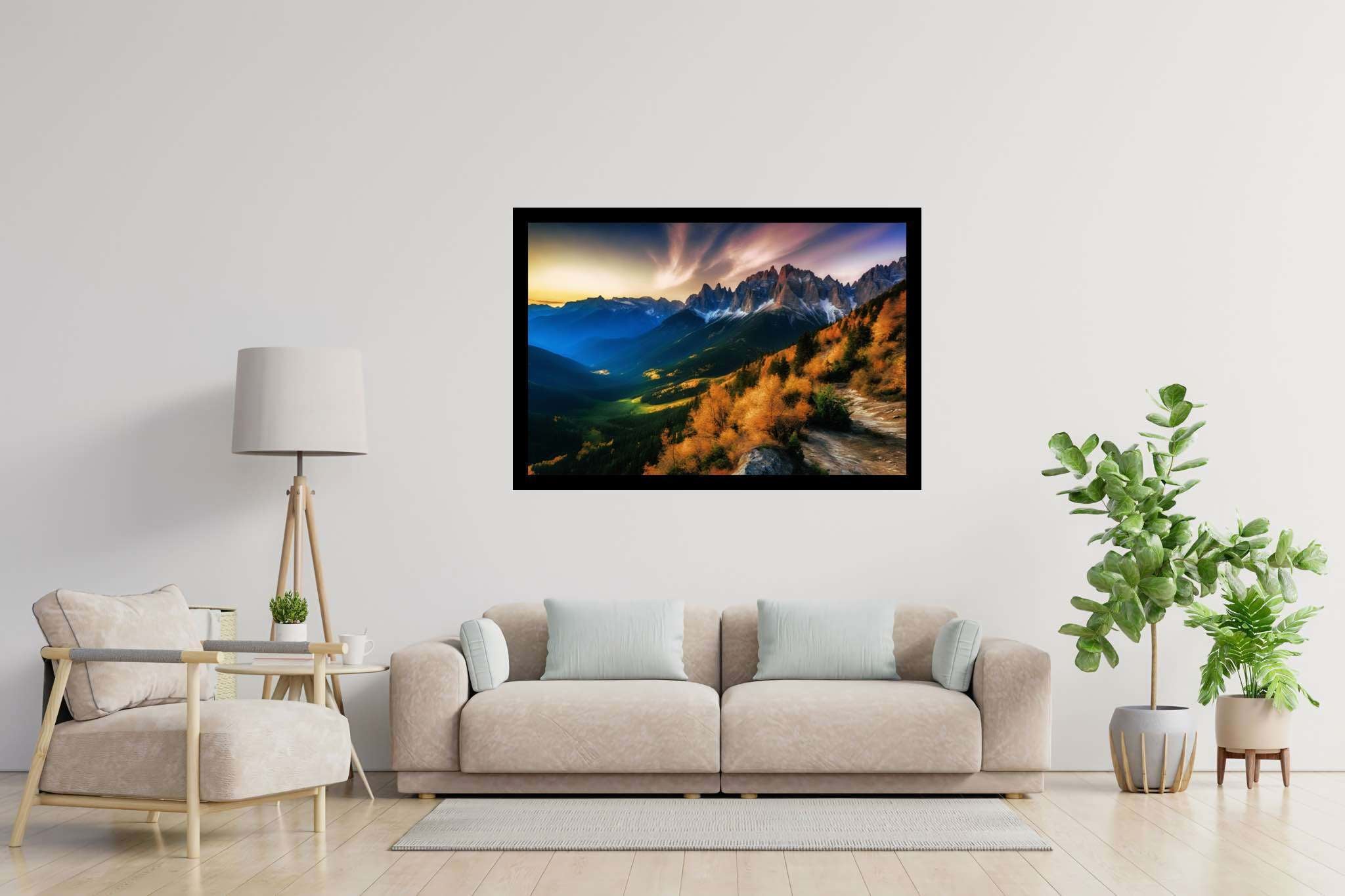 Sunset sonata in majestic peaks: Mountain sunset art with scenic sunset art, in a room with contemporary flair, gallery-quality artwork, and stylish accessories. The art can be printed on poster, framed poster, canvas, metal, acrylic or wood, exclusively at WallArtZen. Find this exact print at https://wallartzen.com/waz82