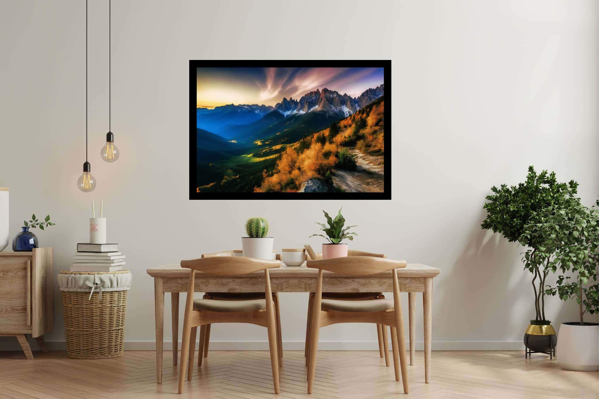 Sunset sonata in majestic peaks: Mountain sunset art with mountain sunset canvas, in a room with great design, framed art, and luxe decor. The art can be printed on poster, framed poster, canvas, metal, acrylic or wood, exclusively at WallArtZen. Find this exact print at https://wallartzen.com/waz82