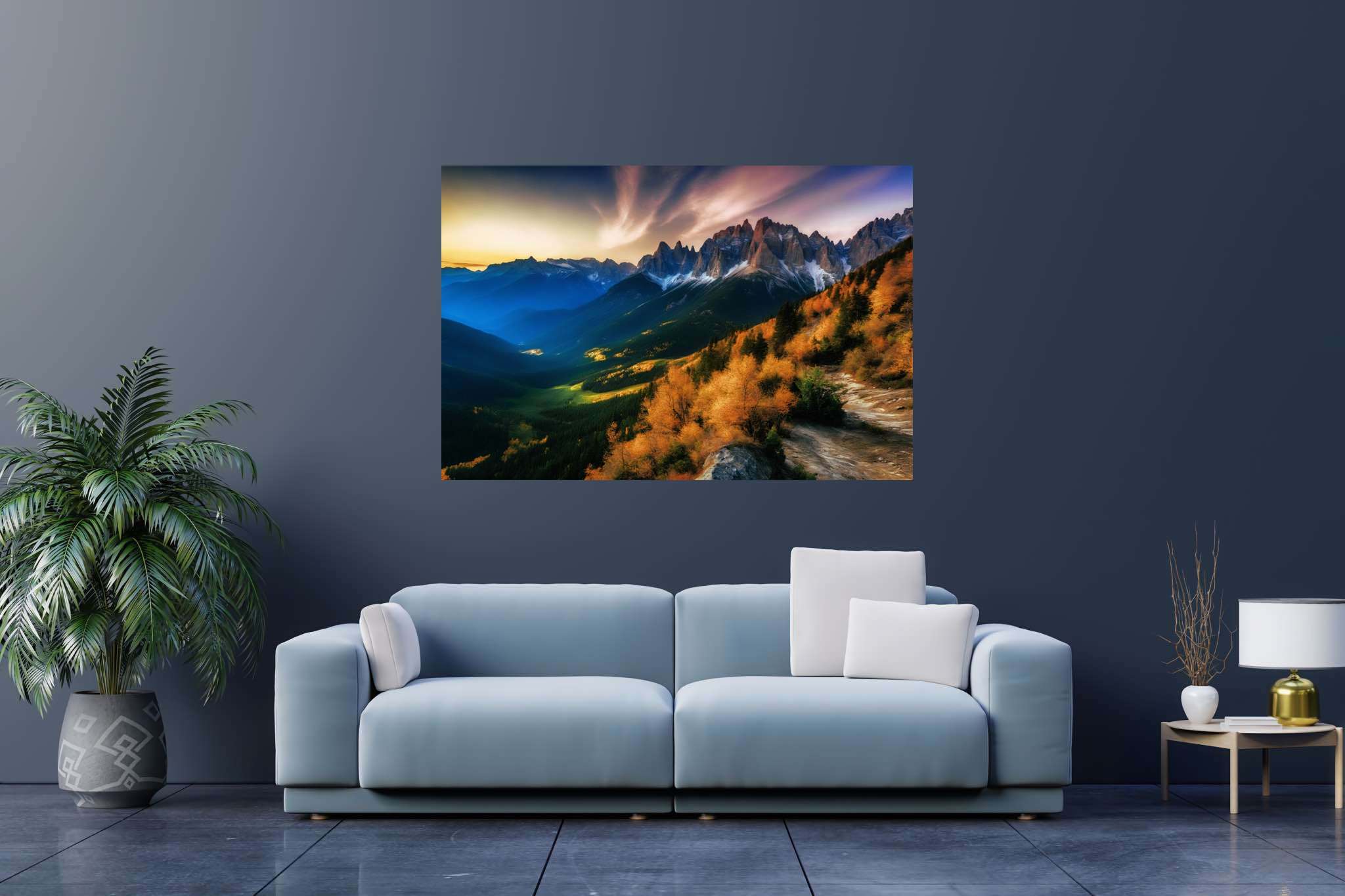 Sunset sonata in majestic peaks: Mountain sunset art with mountain sunset art, in a room with great design, wall art, and home furnishings. The art can be printed on poster, framed poster, canvas, metal, acrylic or wood, exclusively at WallArtZen. Find this exact print at https://wallartzen.com/waz82