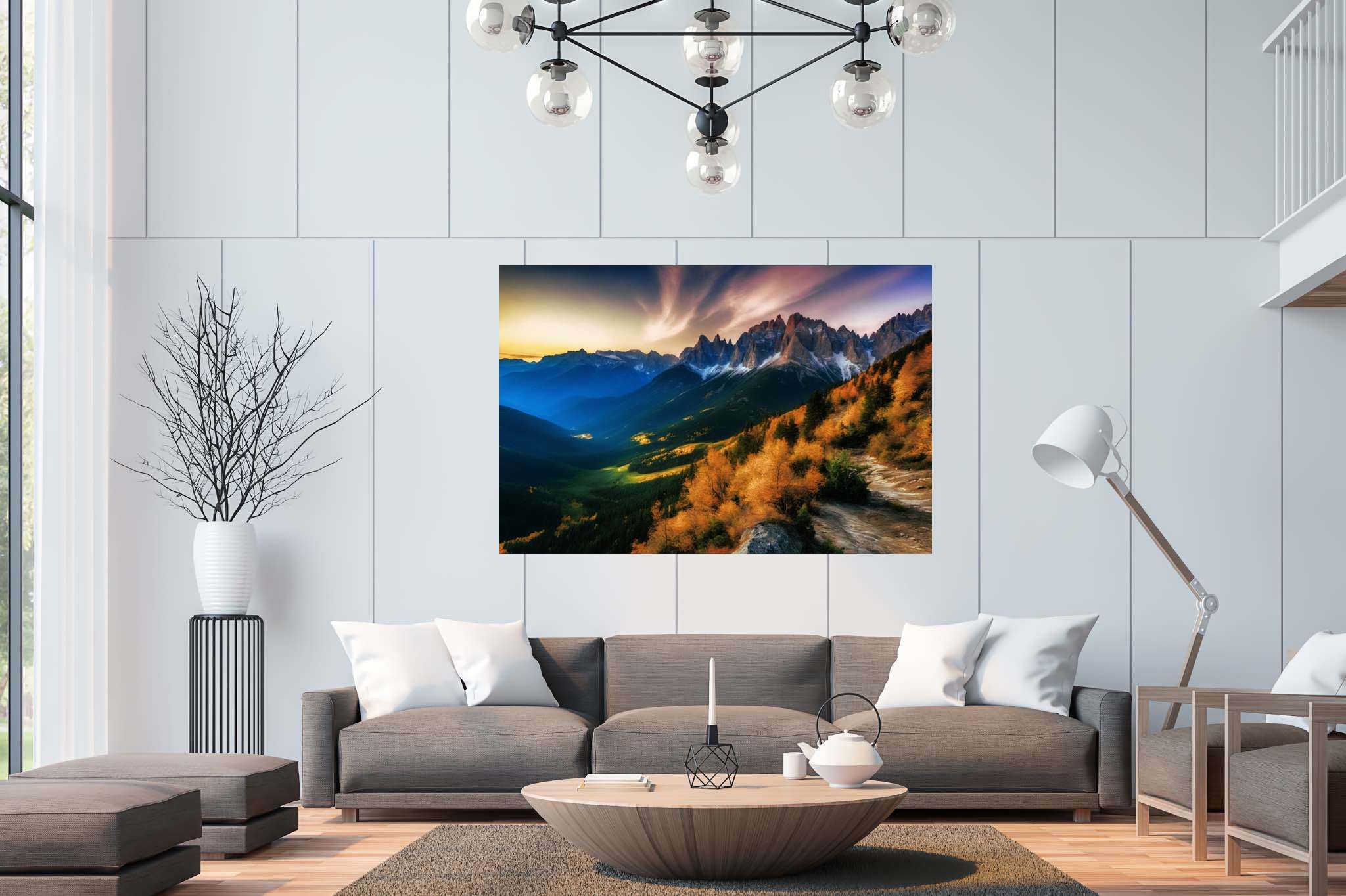 Sunset sonata in majestic peaks: Mountain sunset art with scenic sunset art, in a room with contemporary flair, gallery-quality artwork, and trendy home accents. The art can be printed on poster, framed poster, canvas, metal, acrylic or wood, exclusively at WallArtZen. Find this exact print at https://wallartzen.com/waz82