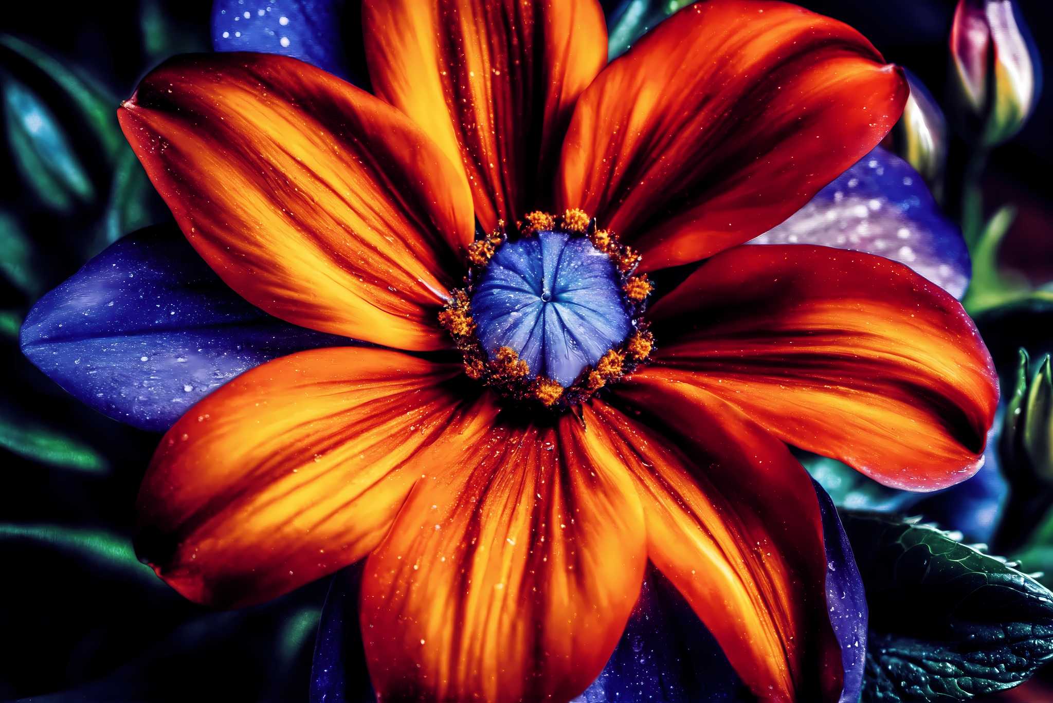Bloom's chromatic symphony: Vibrant flower art with vibrant floral patterns, in a room with innovative layout, photographic wall art, and luxe decor. The art can be printed on poster, framed poster, canvas, metal, acrylic or wood, exclusively at WallArtZen. Find this exact print at https://wallartzen.com/waz83