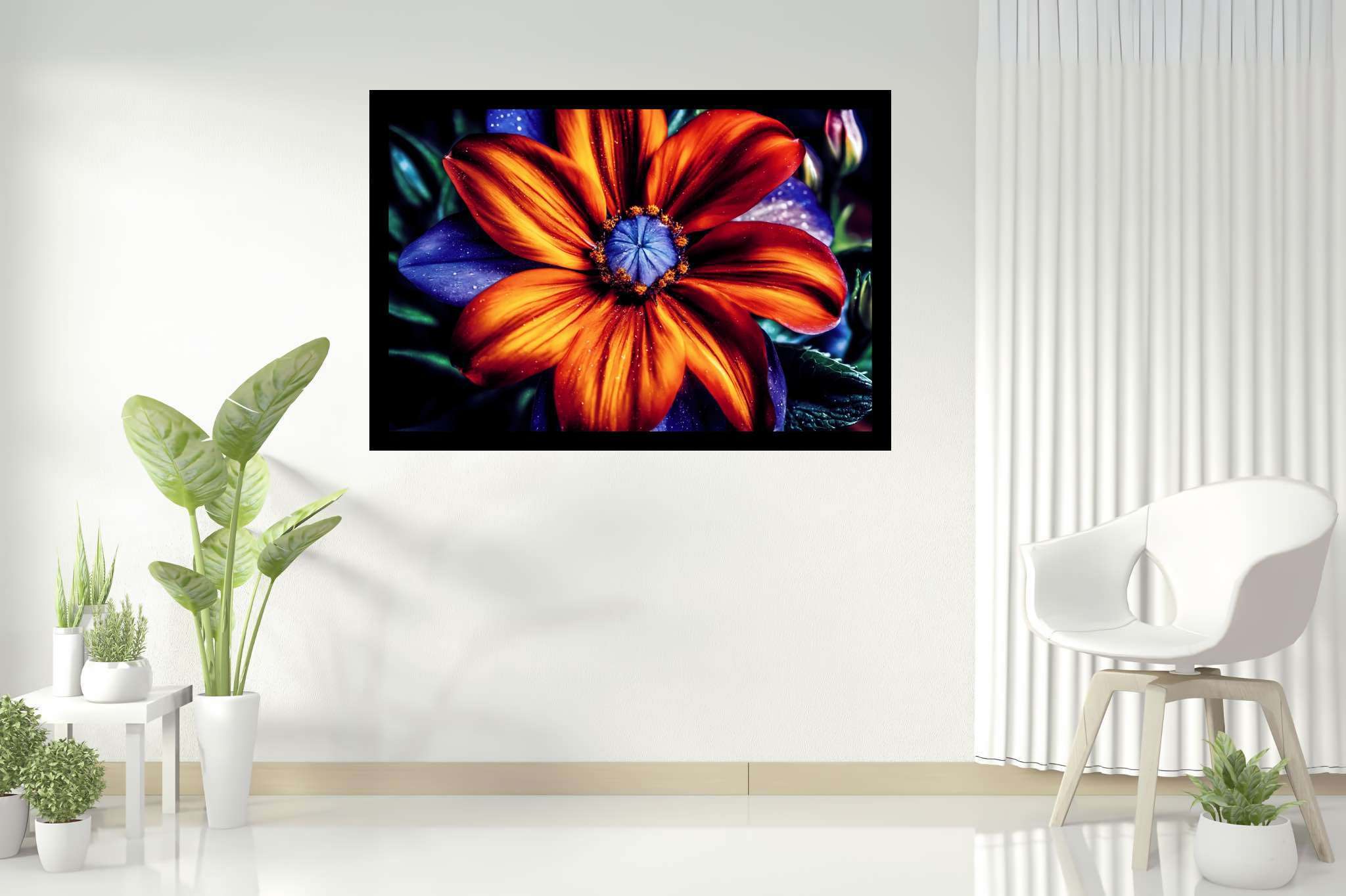 Bloom's chromatic symphony: Vibrant flower art with vibrant floral patterns, in a room with great design, wall hangings, and luxe decor. The art can be printed on poster, framed poster, canvas, metal, acrylic or wood, exclusively at WallArtZen. Find this exact print at https://wallartzen.com/waz83