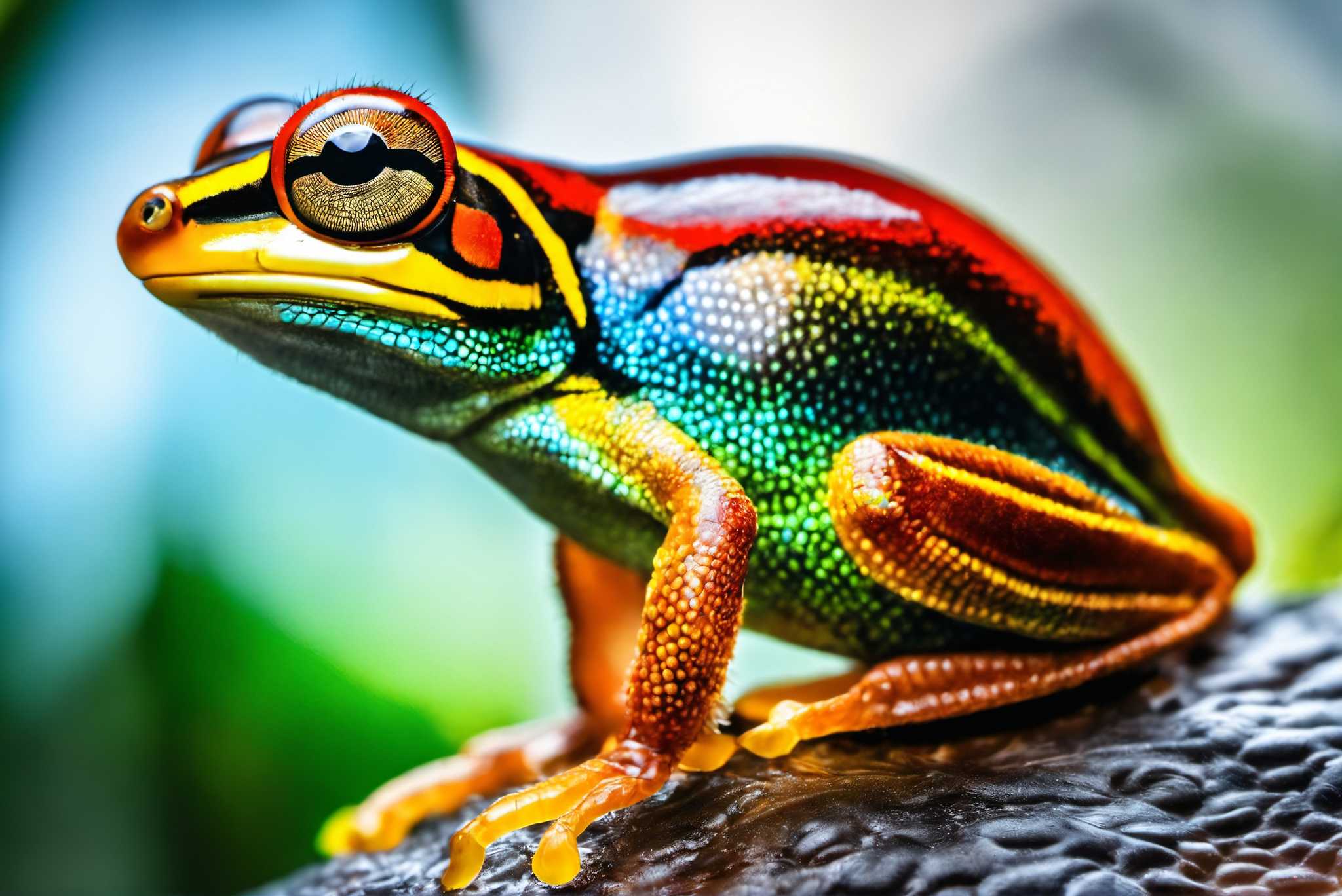 Chroma leap: Vibrant frog art with lively frog decor, in a room with elegant layout, bespoke art designs, and decorative pieces. The art can be printed on poster, framed poster, canvas, metal, acrylic or wood, exclusively at WallArtZen. Find this exact print at https://wallartzen.com/waz84