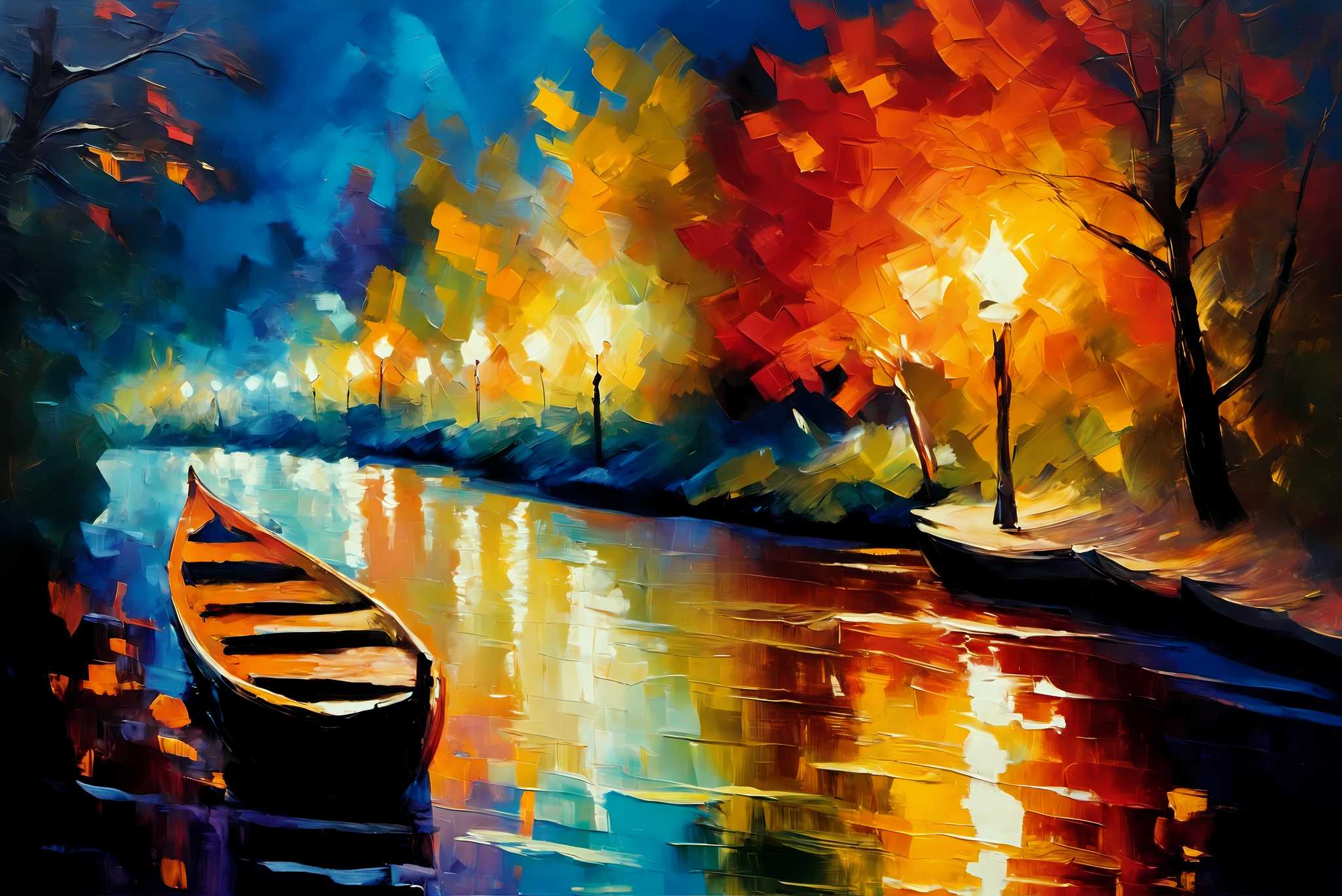 Lunar serenade on sapphire waters: Night boat art with maritime scene, in a room with contemporary flair, gallery-quality artwork, and elegant home goods. The art can be printed on poster, framed poster, canvas, metal, acrylic or wood, exclusively at WallArtZen. Find this exact print at https://wallartzen.com/waz86