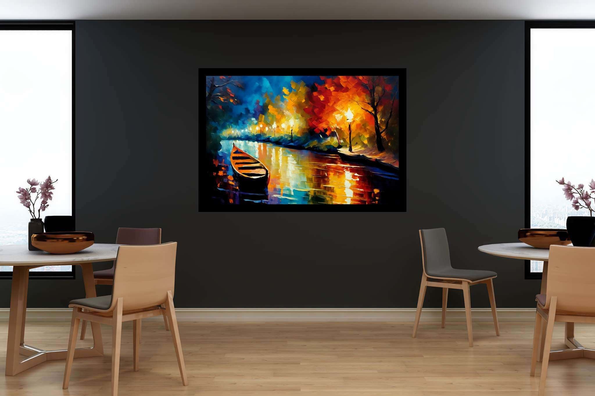 Lunar serenade on sapphire waters: Night boat art with dark sea artwork, in a room with minimalist approach, canvas prints, and designer furniture. The art can be printed on poster, framed poster, canvas, metal, acrylic or wood, exclusively at WallArtZen. Find this exact print at https://wallartzen.com/waz86