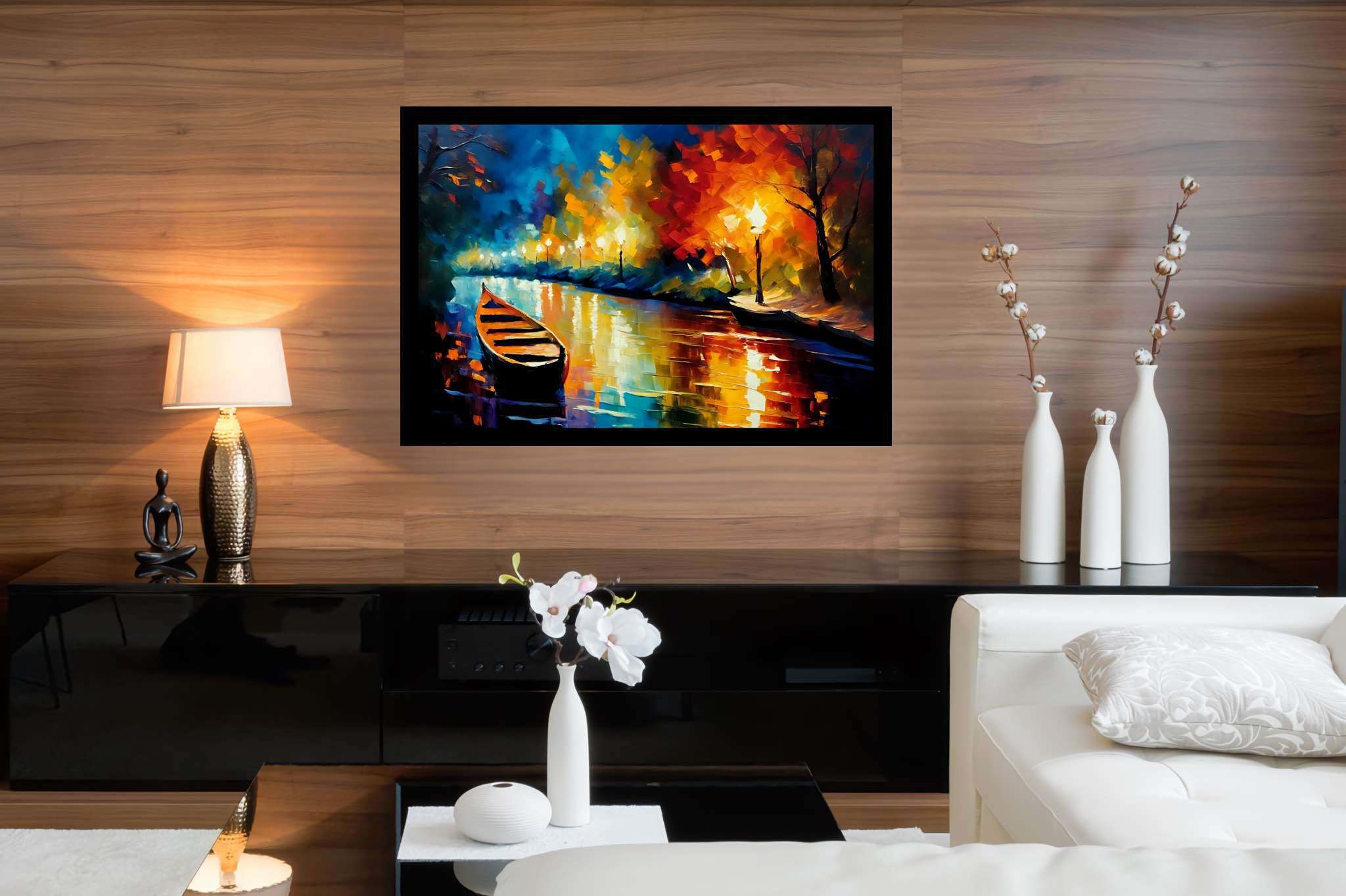 Lunar serenade on sapphire waters: Night boat art with mystical moonlit waters, in a room with modern style, mural artworks, and trendy home accents. The art can be printed on poster, framed poster, canvas, metal, acrylic or wood, exclusively at WallArtZen. Find this exact print at https://wallartzen.com/waz86